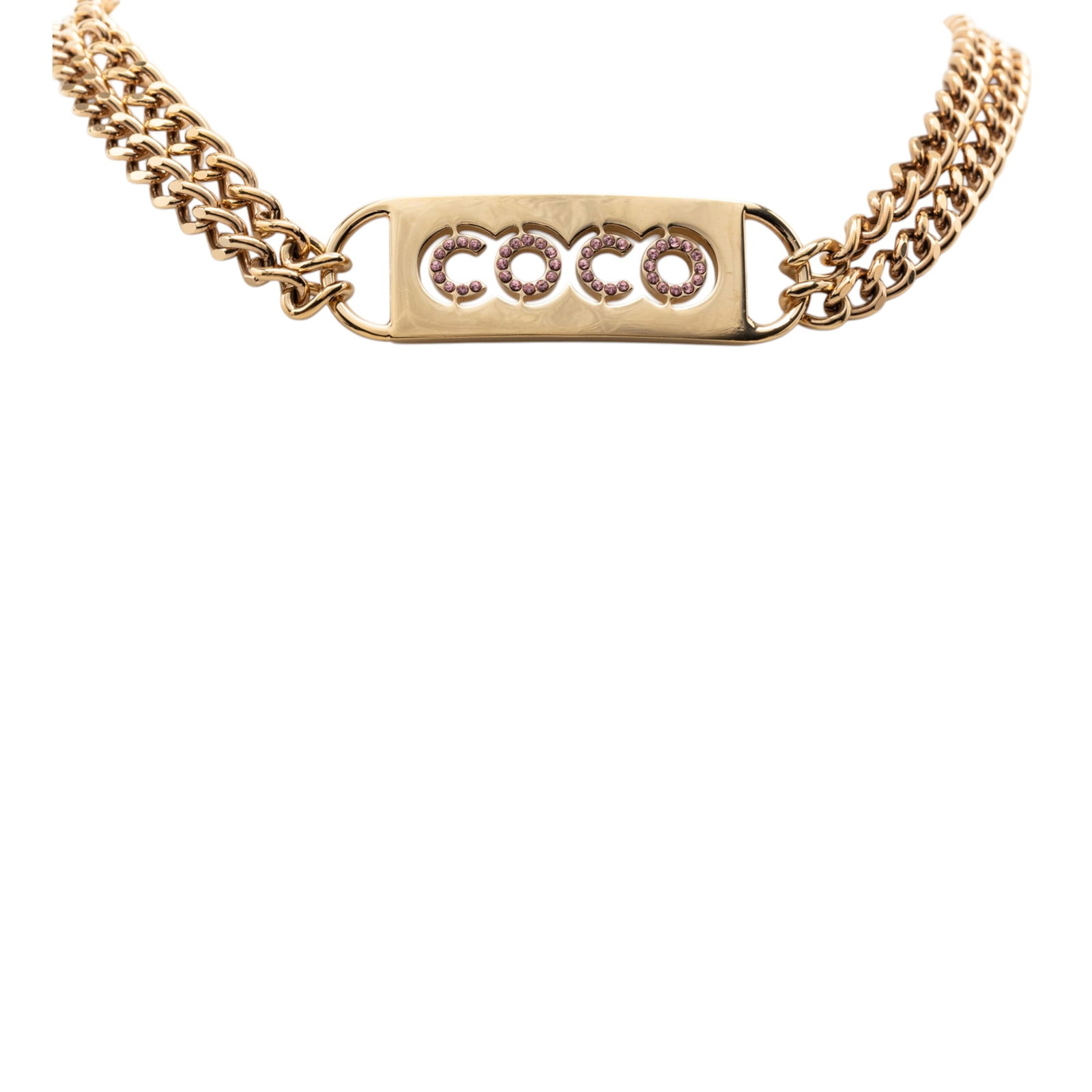 Chanel CC rhinestone double chain necklace gold plated: Chanel CC rhinestone double chain necklace gold plated This Chanel necklace features a gold-plated metal body adorned with rhinestones and a double chain design. It is secured with a lobster clasp clo