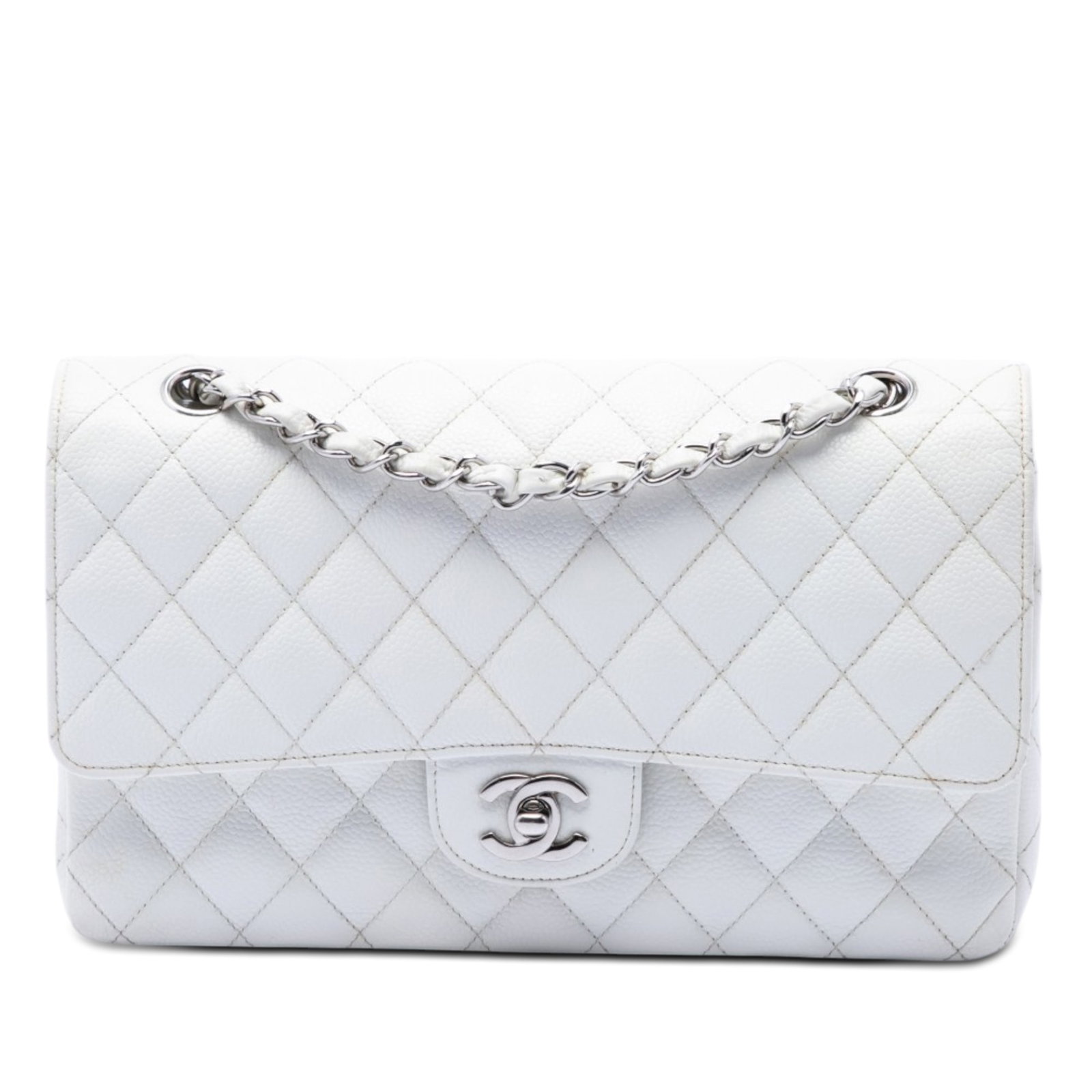 Chanel Medium Classic Double Flap Caviar Leather Shoulder Bag: Chanel Medium Classic Double Flap Caviar Leather Shoulder Bag Chanel Medium Classic Caviar Double Flap bag in white, featuring a quilted caviar leather body, leather-woven chain straps, double front f