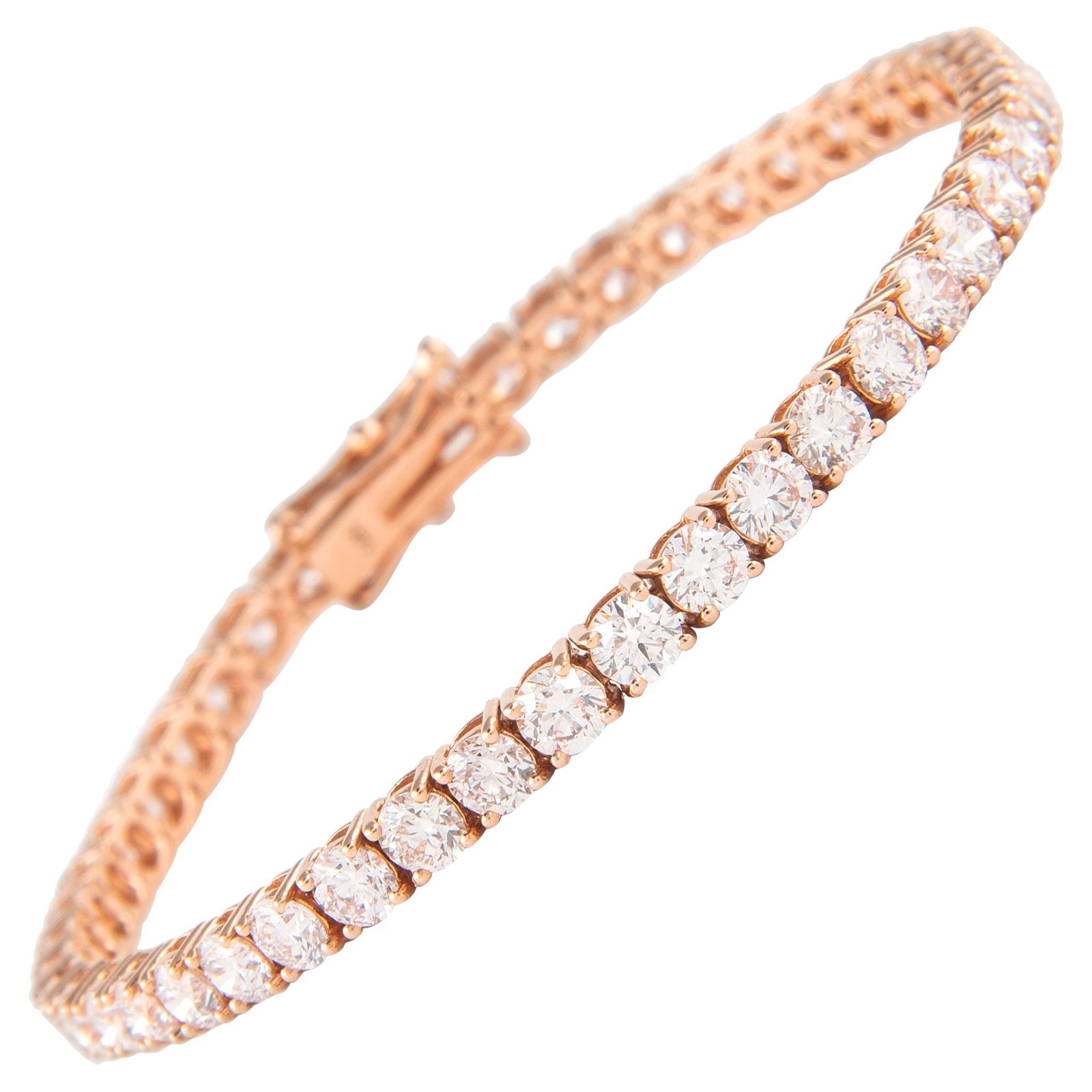 8.69ct Diamond Tennis Bracelet in 14k Rose Gold: 8.69ct Diamond Tennis Bracelet in 14k Rose Gold This exquisite diamond tennis bracelet features 47 round brilliant diamonds totaling 8.69 carats, set in luxurious 14k rose gold. The diamonds exhibit a