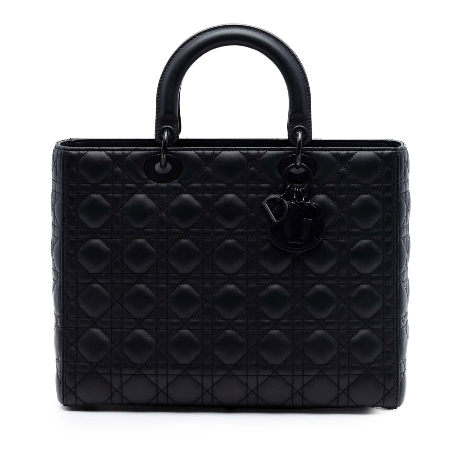 Dior Lady Dior Large Black Leather Cannage Bag: Dior Lady Dior Large Black Leather Cannage Bag This Large Ultra Matte Calfskin Cannage Lady Dior bag features a signature quilted leather body in black, flat leather top handles, a fold-in flap closur