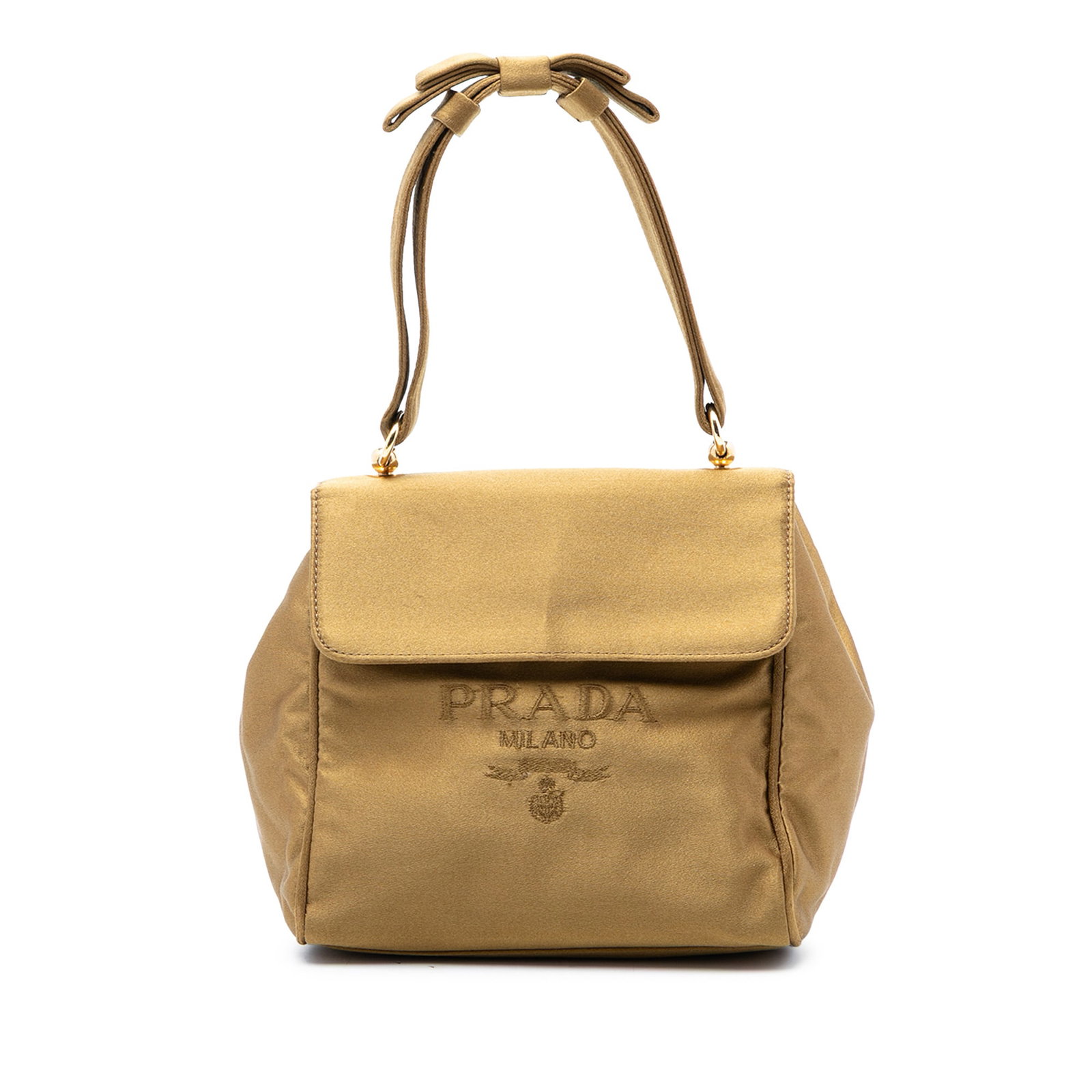 Prada Raso Logo Gold Satin Shoulder Bag with Ribbon Detail: Prada Raso Logo Gold Satin Shoulder Bag with Ribbon Detail This Prada Raso Logo Handbag features a gold satin fabric body with a flat strap adorned with ribbon details. The bag is designed with a fron