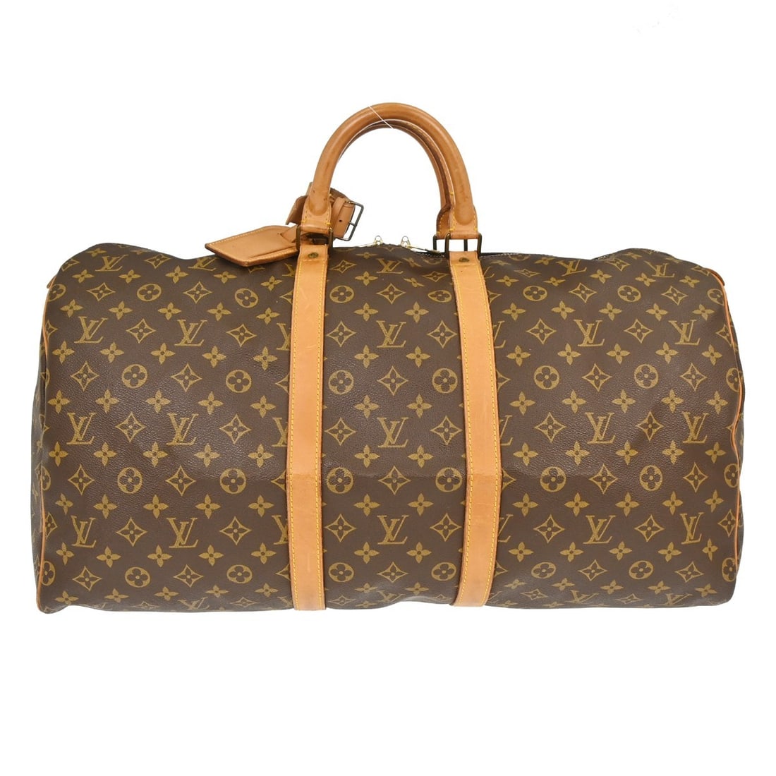 Louis Vuitton Keepall 55 Monogram Canvas Travel Duffle Bag: Louis Vuitton Keepall 55 Monogram Canvas Travel Duffle Bag Vintage Louis Vuitton Keepall 55 travel handbag in brown Monogram canvas with leather trim and double handles. This extra-large duffle-style 