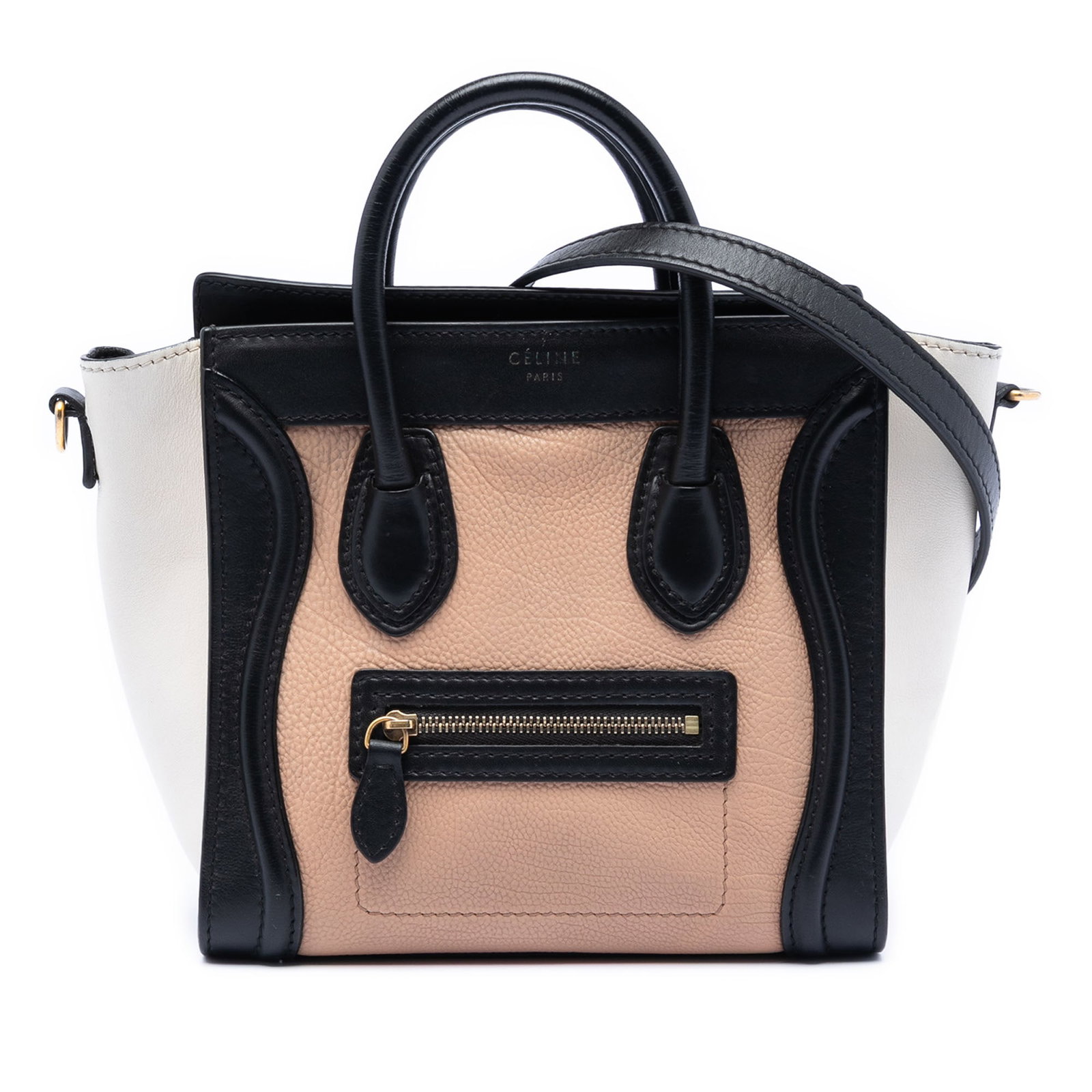 Celine Nano Luggage Tote in Multicolor Leather with Shoulder Strap: Celine Nano Luggage Tote in Multicolor Leather with Shoulder Strap This Celine Nano Tricolor Leather Luggage Tote features a striking tricolor leather exterior, rolled leather handles, and a detachabl