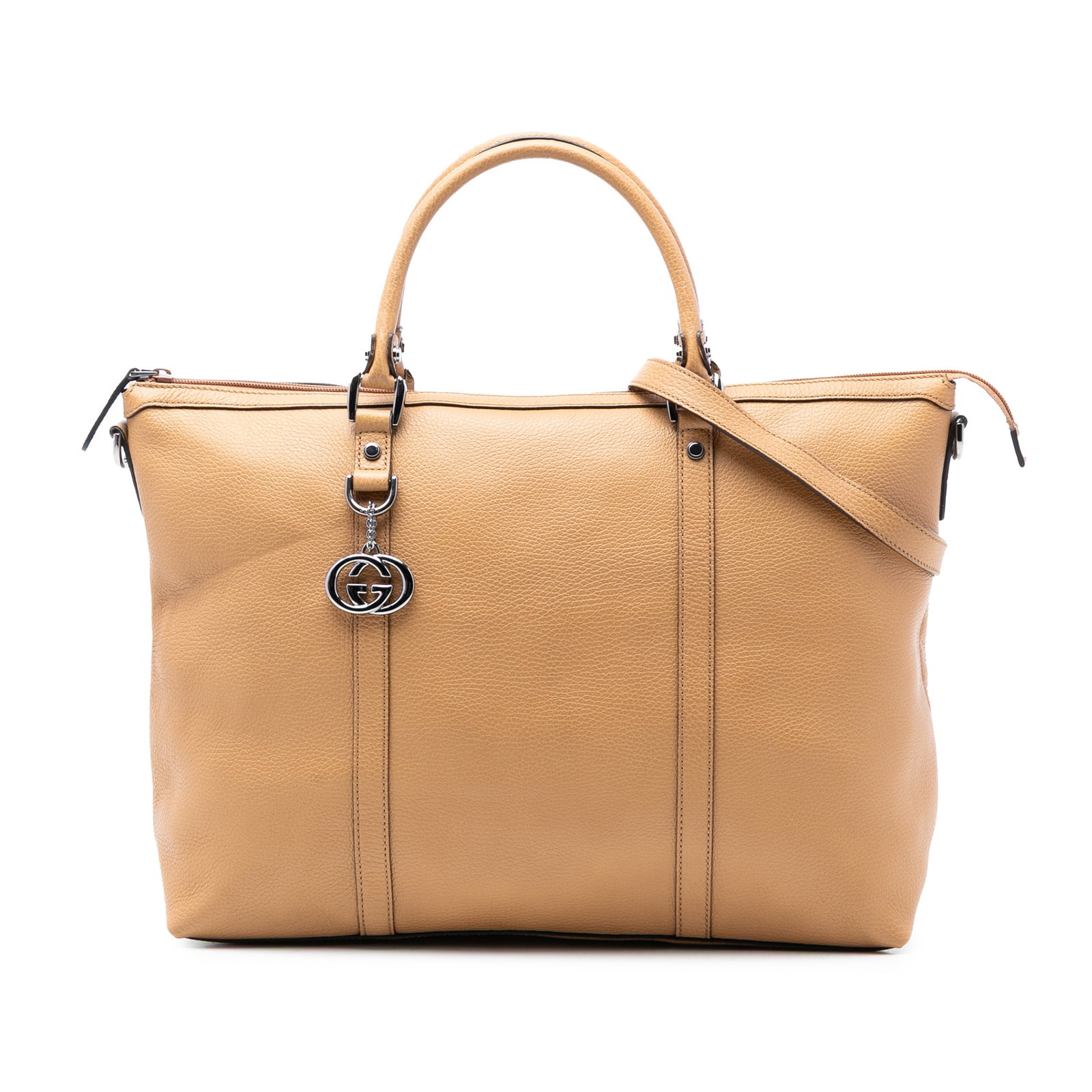 Gucci Brown Leather Satchel with GG Charm and Detachable Strap: Gucci Brown Leather Satchel with GG Charm and Detachable Strap This Gucci Leather GG Charm Satchel features a brown leather body with rolled leather handles and a detachable flat leather strap. It is 