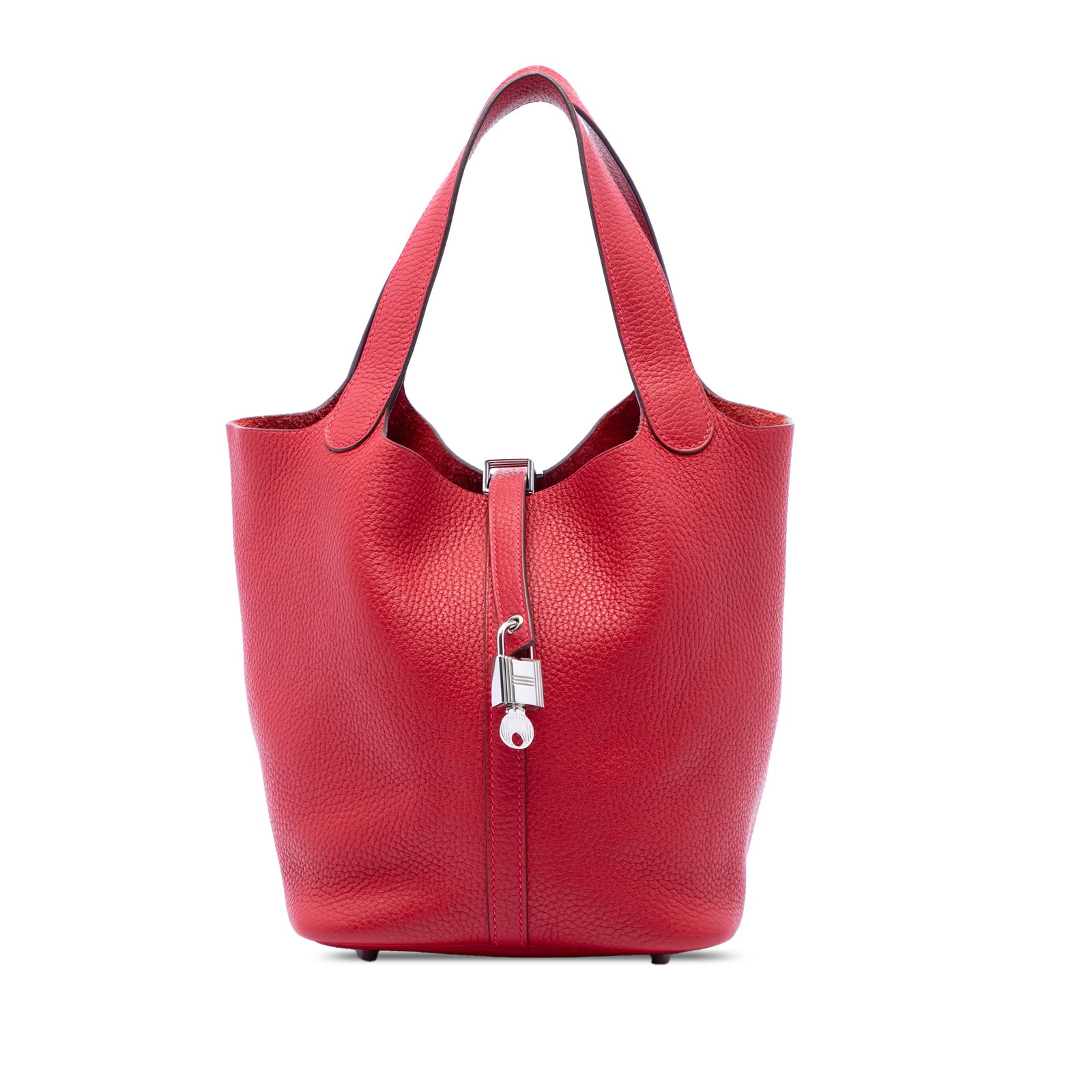Hermes Picotin Lock 22 Clemence Leather Handbag Red: Hermes Picotin Lock 22 Clemence Leather Handbag Red A Hermes Clemence Picotin Lock 22 bag crafted in Clemence leather with flat leather handles, an open top, and a pull-through strap with padlock clos