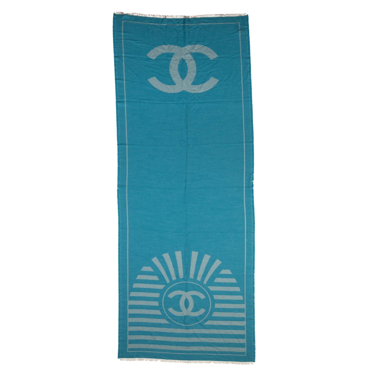 Chanel Turquoise Cashmere Silk Logo Shawl Italy 30 x 73