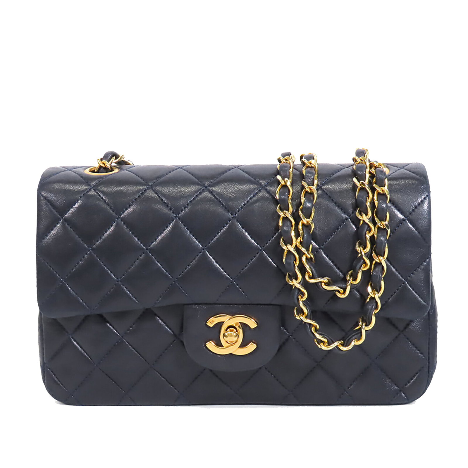 Chanel Small Classic Double Flap Blue Lambskin Shoulder Bag: Chanel Small Classic Double Flap Blue Lambskin Shoulder Bag A Chanel Small Classic Lambskin Double Flap bag in blue, made in France. It features a quilted lambskin leather body, leather-woven chain sh