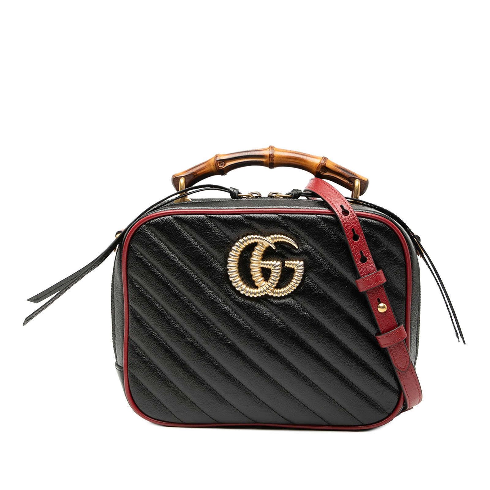 Gucci GG Marmont Small Black Leather Bamboo Handle Satchel Bag
