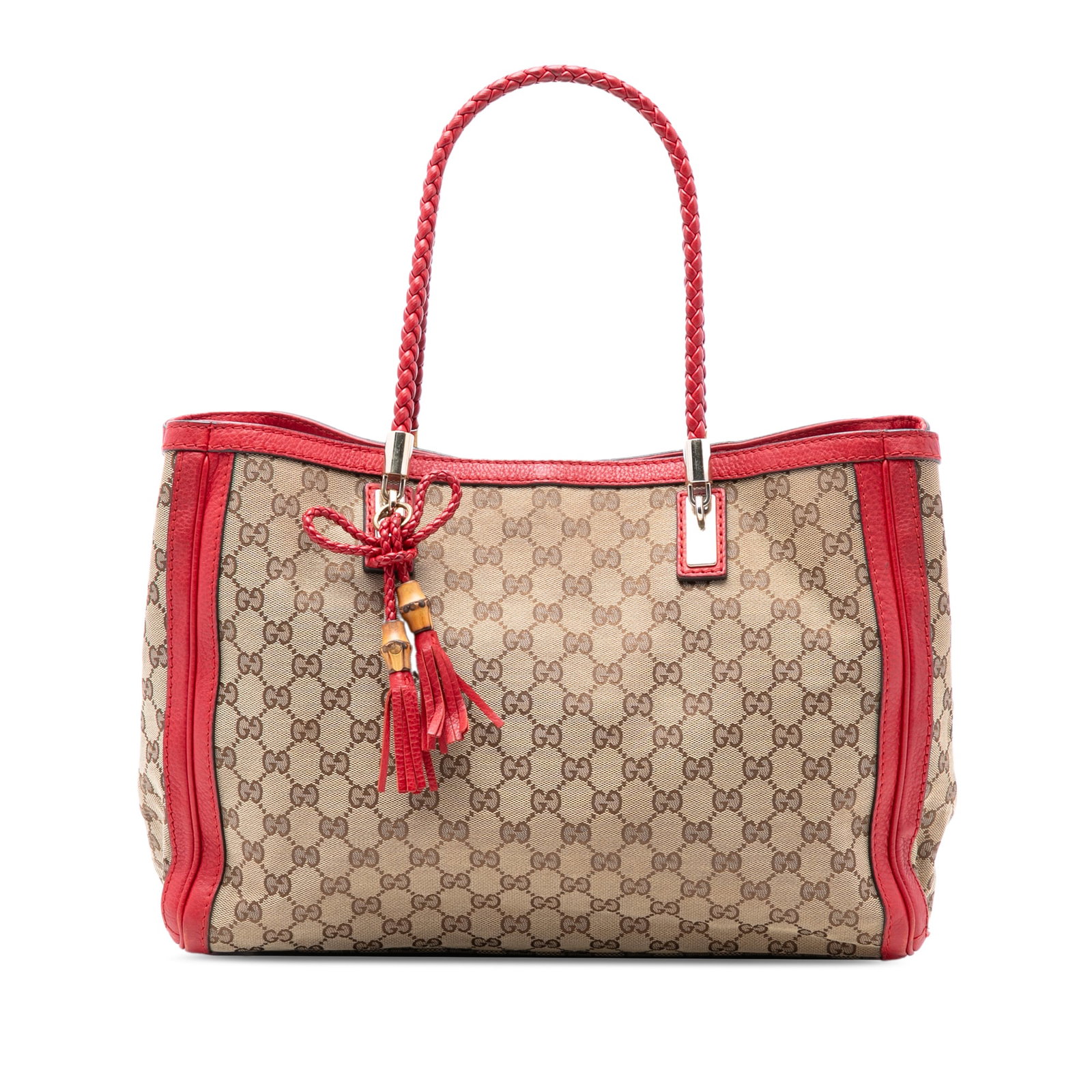 Gucci Beige Canvas Bella Tote with Braided Leather Straps: Gucci Beige Canvas Bella Tote with Braided Leather Straps This Gucci Medium GG Canvas Bella Tote features a beige canvas body with leather trim and braided leather straps. The bag offers an open top w