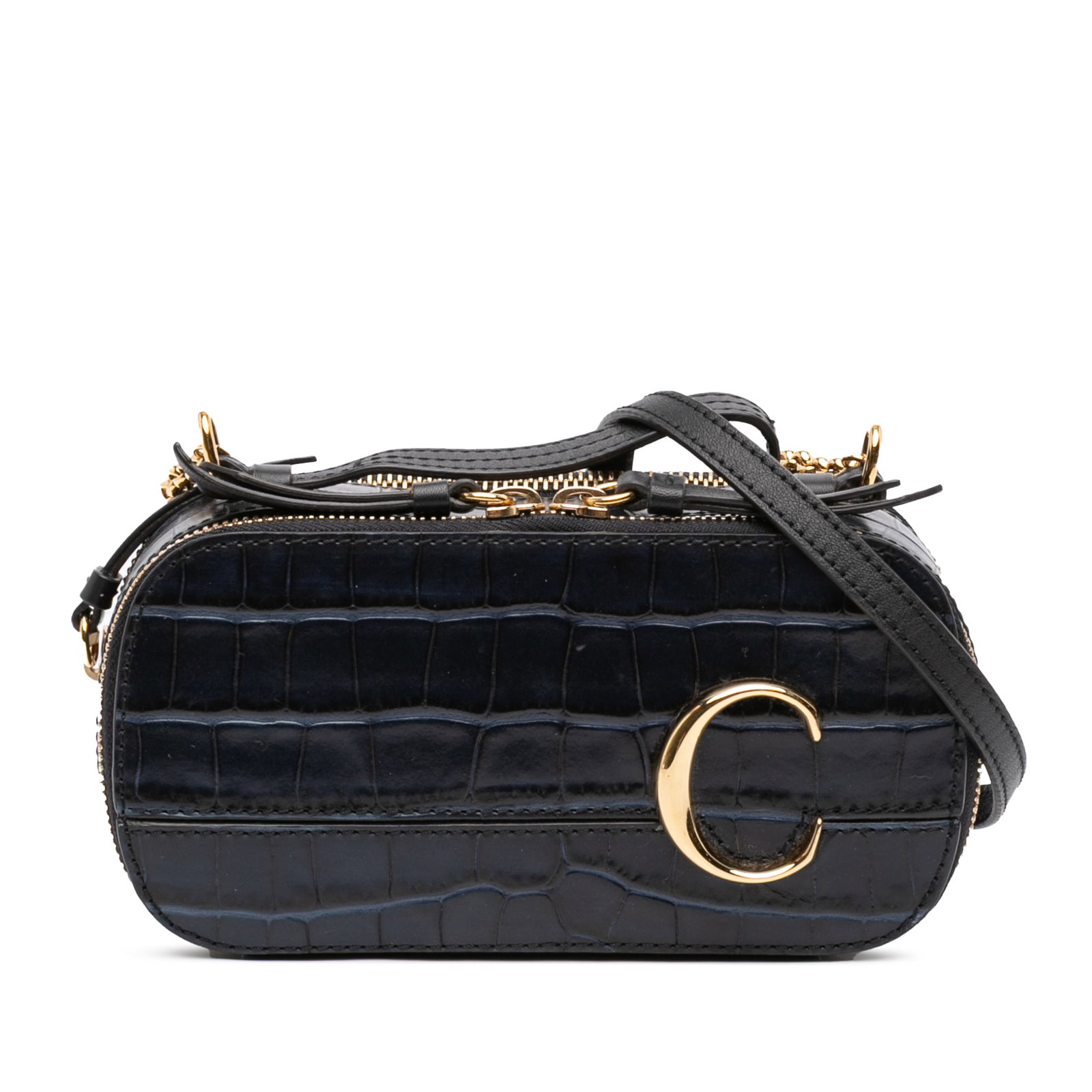 Chloe Vanity Bag Mini Croc Embossed Leather Black: Chloe Vanity Bag Mini Croc Embossed Leather Black This Chloe Mini Croc Embossed Leather C Vanity Bag features a croc-embossed leather body in black, complemented by a flat leather top handle and a cha