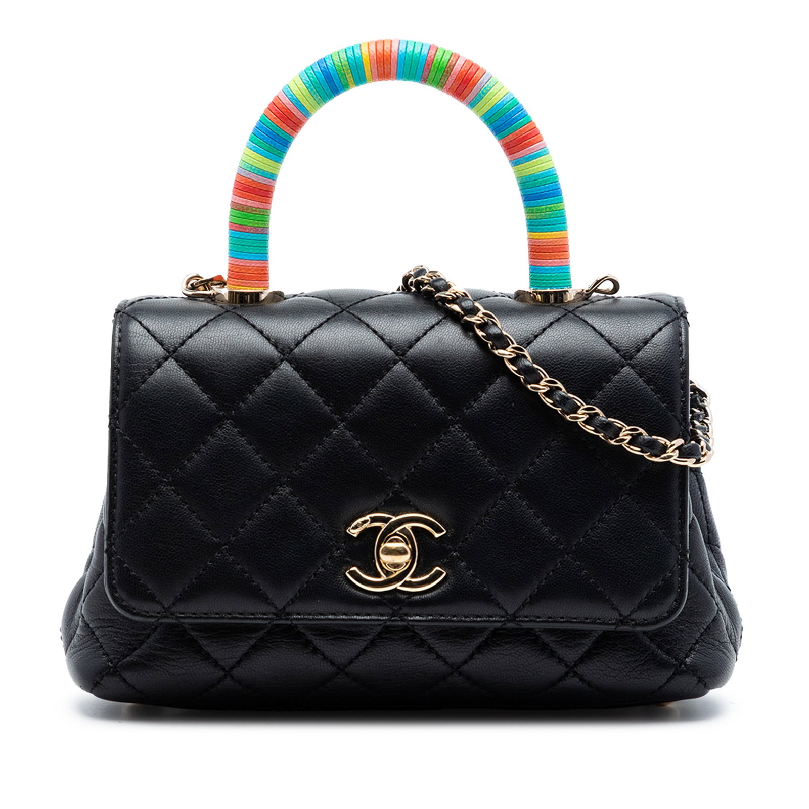 Chanel Rainbow Coco Top Handle Mini Satchel Black Leather: Chanel Rainbow Coco Top Handle Mini Satchel Black Leather This Chanel Extra Mini Quilted Lambskin Rainbow Coco Top Handle Bag features a quilted lambskin leather body in black, a rolled top handle, an