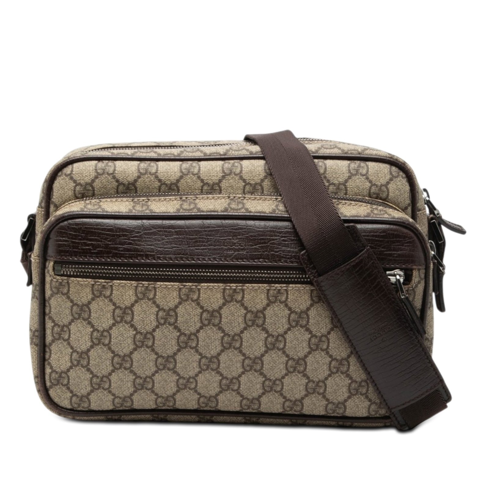 Gucci GG Supreme beige coated canvas crossbody bag: Gucci GG Supreme beige coated canvas crossbody bag Gucci GG Supreme Crossbody in beige coated canvas with leather trim. This crossbody bag features an adjustable flat strap, top zip closure, exterior 