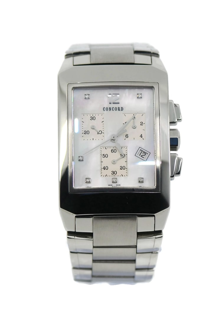 Concord Sportivo Chronograph Diamond Watch 14.H1.1491 Stainless Steel: Concord Sportivo Chronograph Diamond Watch 14.H1.1491 Stainless Steel Elevate your style with the Concord Sportivo Chronograph Diamond Stainless Steel Watch. Featuring a luxurious mother of pearl dial