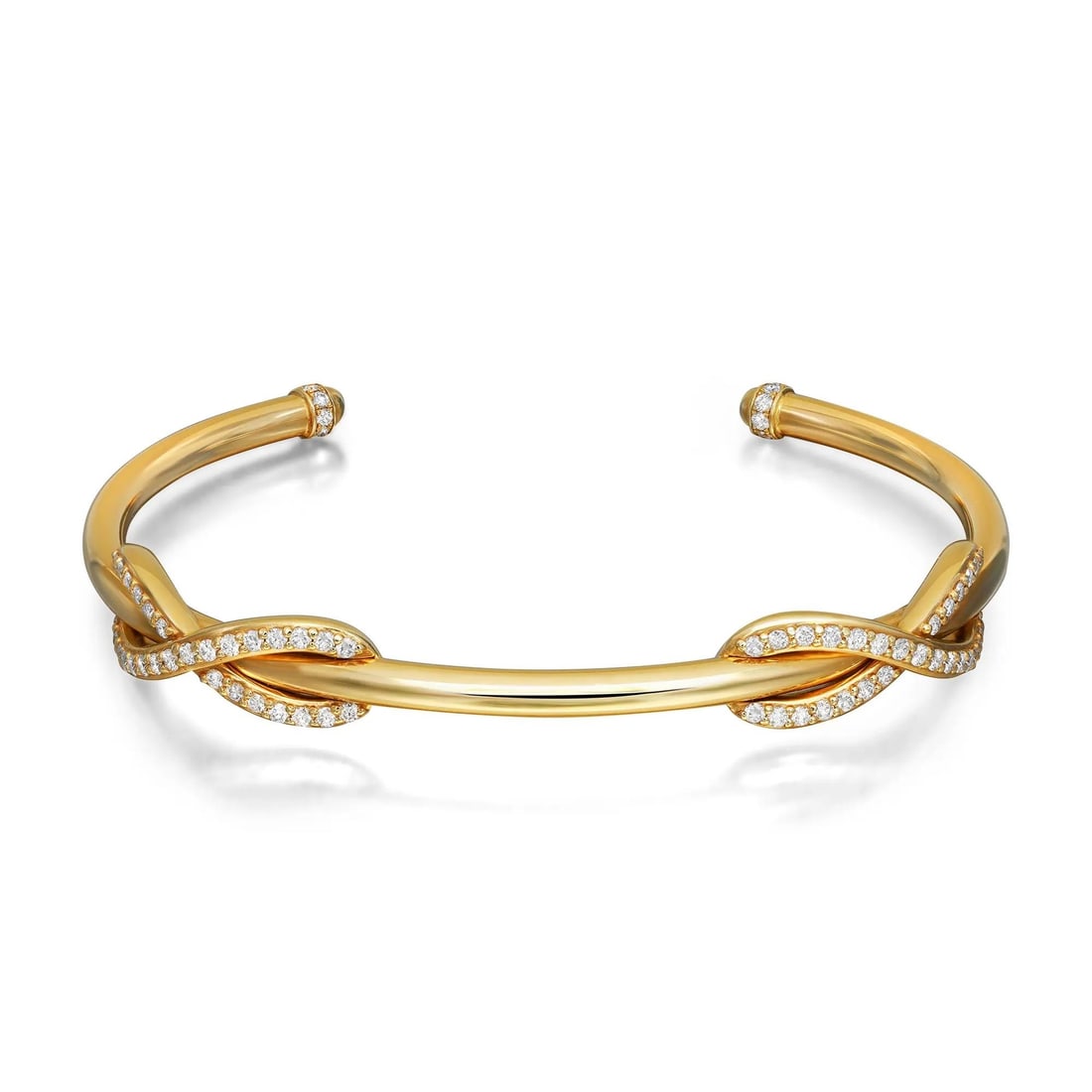 Tiffany & Co. Double Infinity Cuff Bracelet 18K Yellow Gold Diamonds 0.65Ct: Tiffany & Co. Double Infinity Cuff Bracelet 18K Yellow Gold Diamonds 0.65Ct This exquisite Tiffany & Co. cuff bracelet is crafted from solid 18K yellow gold, featuring a stunning double infinity desig
