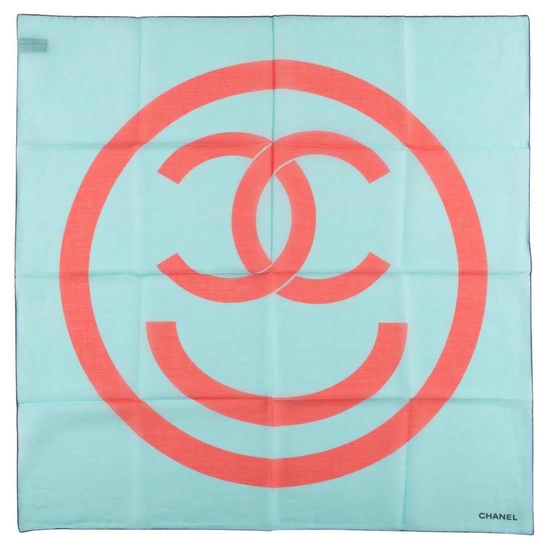 Chanel CC Cotton Small Scarf in Aqua and Coral: Chanel CC Cotton Small Scarf in Aqua and Coral Chanel small cotton scarf in aqua with a coral CC logo. Made in Italy, this 21st century piece is in un-used condition. Specifications Brand: Chanel Item