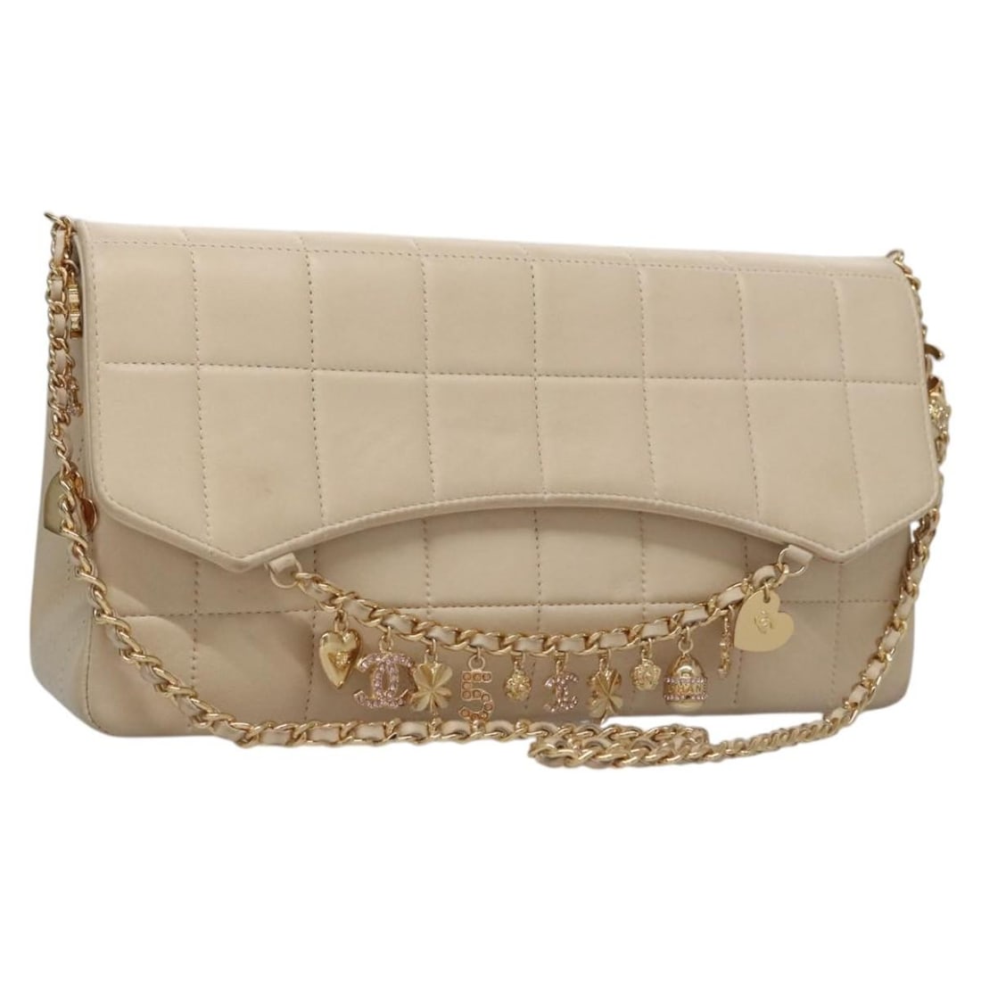 CHANEL Choco Bar Ivory Lamb Skin Shoulder Bag with Chain Strap: CHANEL Choco Bar Ivory Lamb Skin Shoulder Bag with Chain Strap CHANEL Choco Bar Chain Shoulder Bag in ivory lamb skin, made in France. This women's shoulder bag measures approximately 26 cm W x 14 cm 