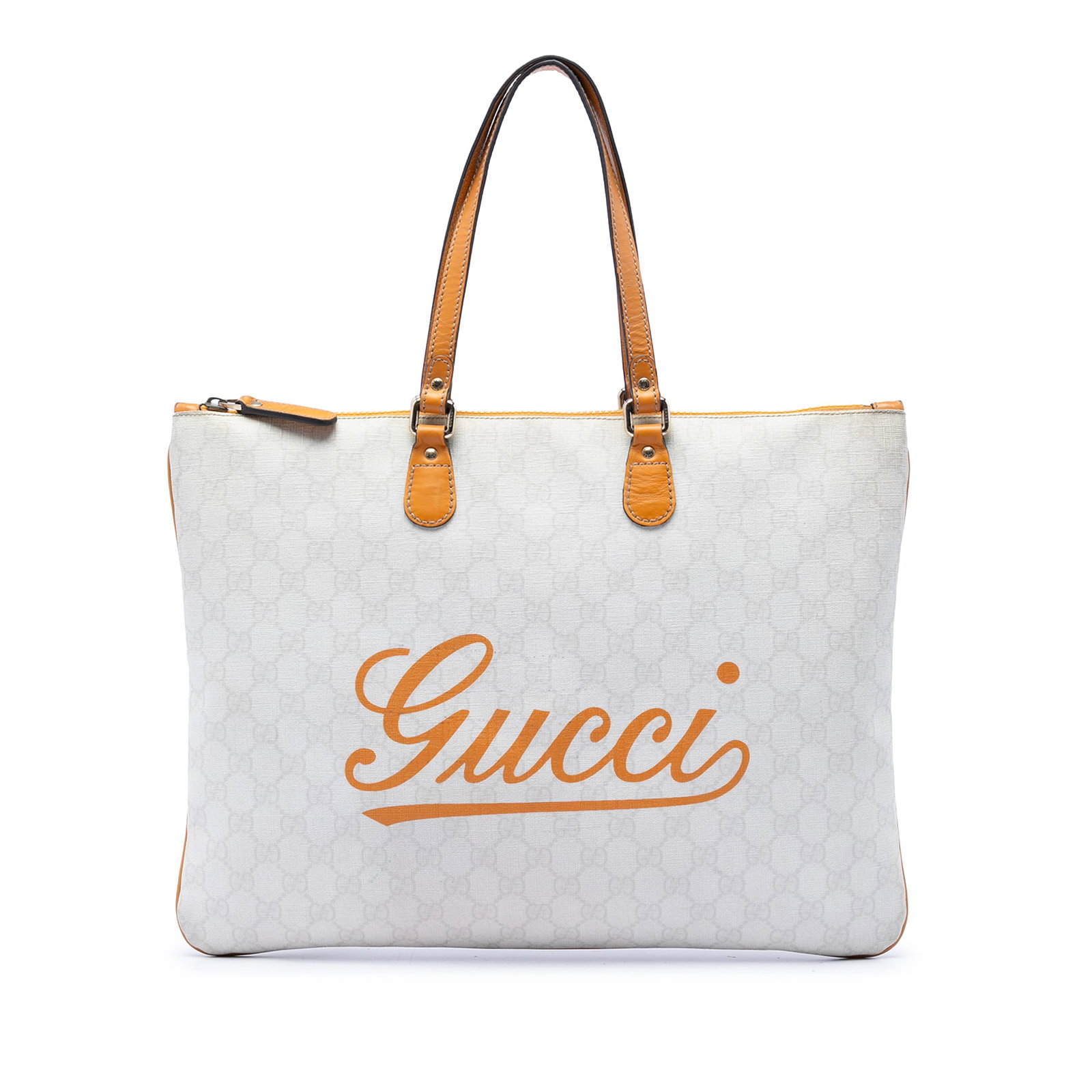 Gucci Heritage Logo Tote Large GG Supreme Coated Canvas Bag: Gucci Heritage Logo Tote Large GG Supreme Coated Canvas Bag Gucci Large GG Supreme Heritage Logo Tote in white, made in Italy. This tote features a coated canvas body with leather trim, flat leather h