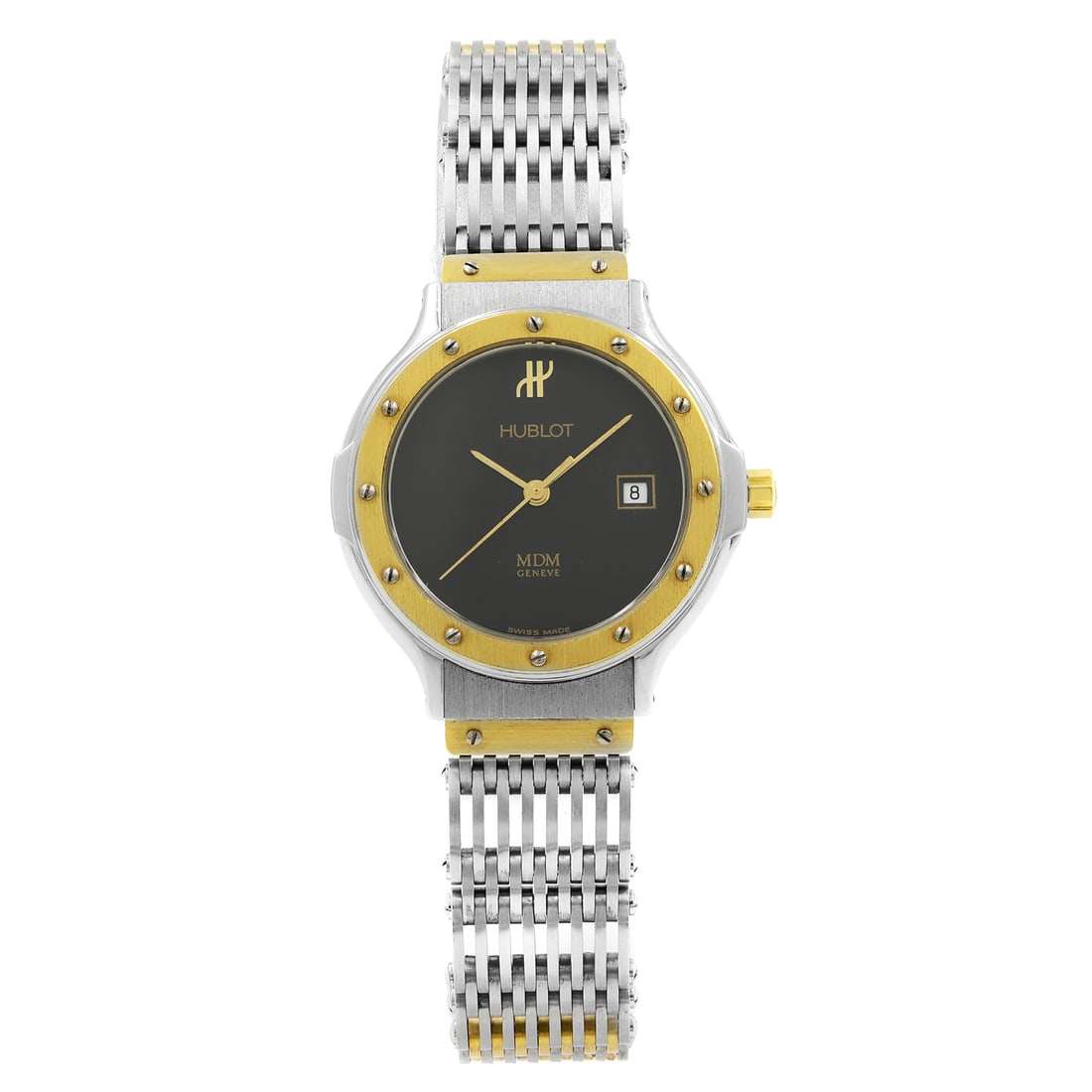 Hublot MDM Classic Senyora 1390.100.2 Two Tone Quartz Ladies Watch: Hublot MDM Classic Senyora 1390.100.2 Two Tone Quartz Ladies Watch This pre-owned Hublot MDM Classic Senyora wristwatch for women features a 25 mm round stainless steel case with a satin finish and a 