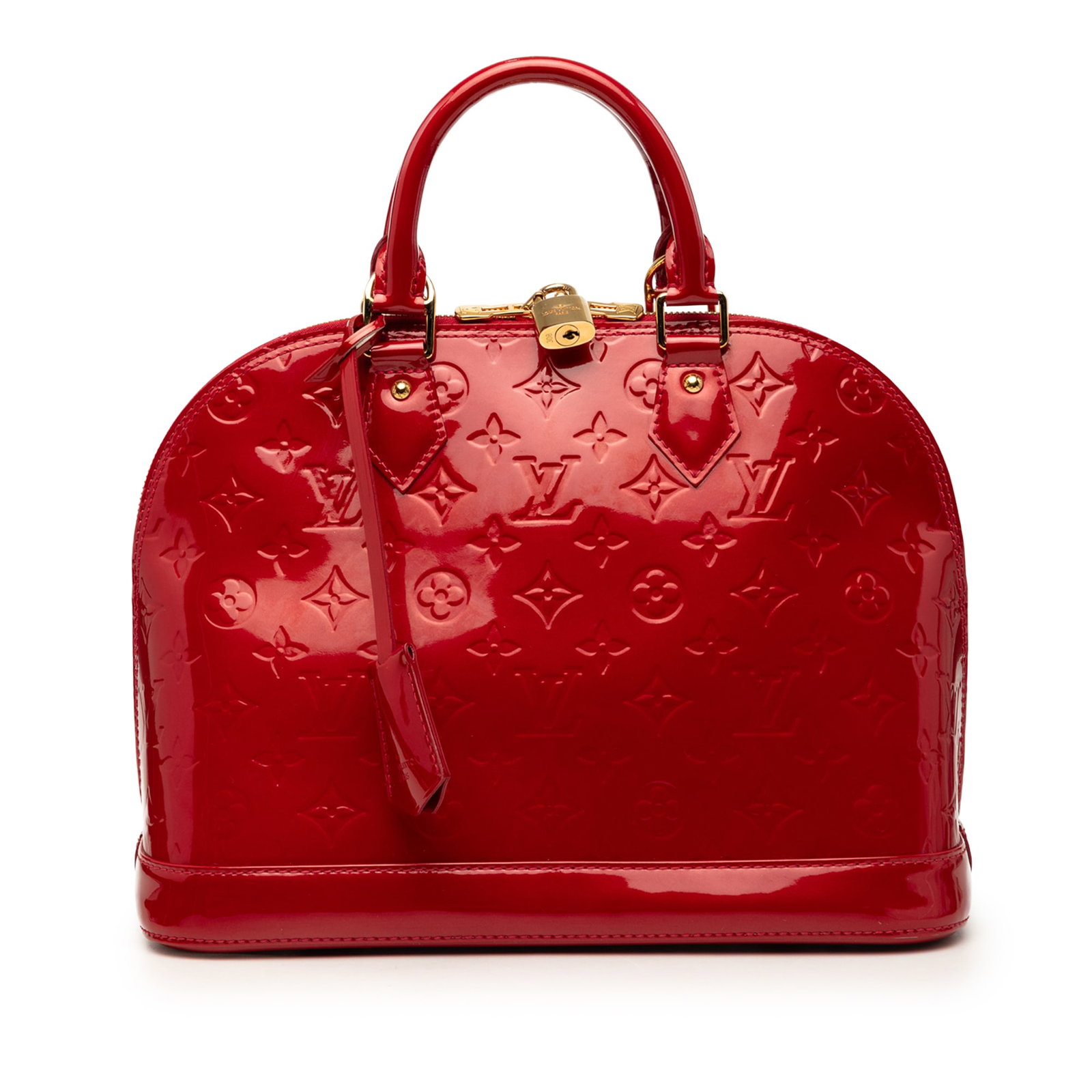 Louis Vuitton Alma PM Monogram Vernis Leather Handbag Red: Louis Vuitton Alma PM Monogram Vernis Leather Handbag Red Louis Vuitton Monogram Vernis Alma PM handbag in red leather. This structured bag features rolled leather handles, a clochette, a top zip clos