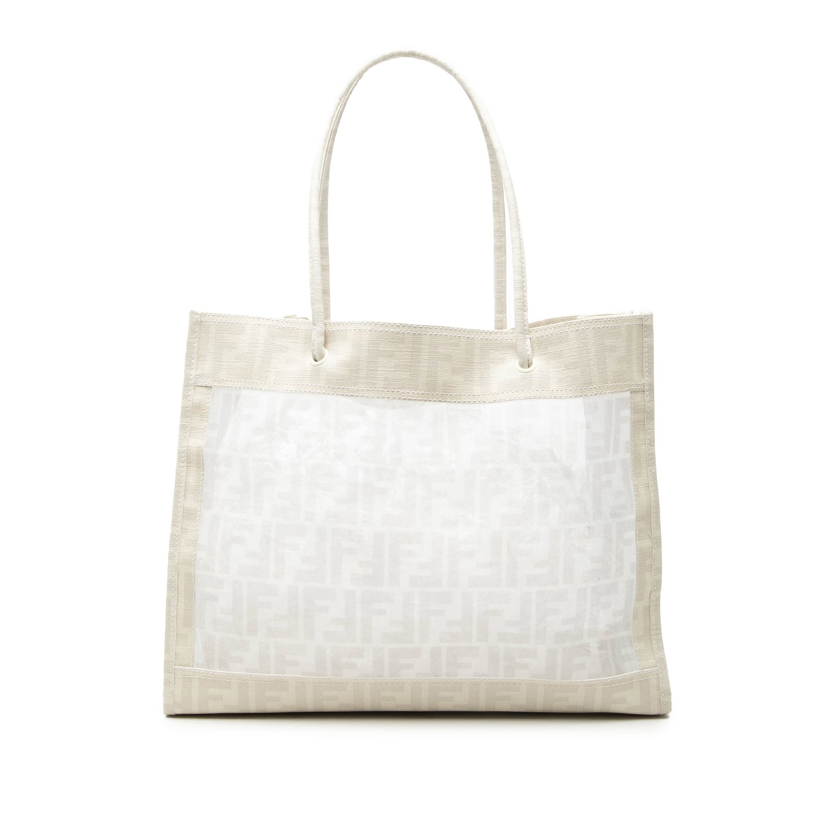 Fendi Zucca Mesh Tote with Zip Pouch: Fendi Zucca Mesh Tote with Zip Pouch This Fendi Zucca Mesh Tote features a mesh body accented with coated canvas trim and rolled straps. The bag has an open top design and includes a zip pouch for add