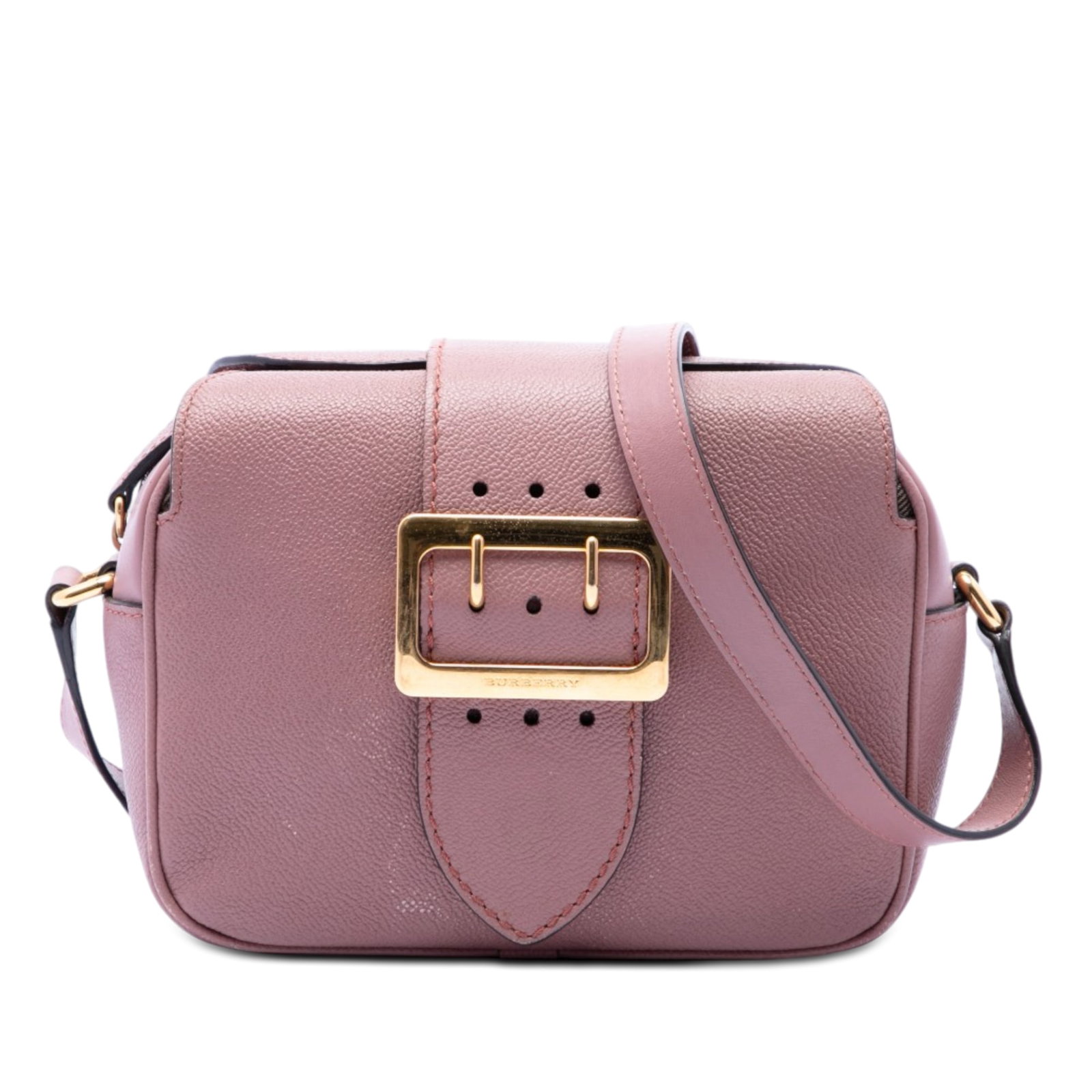 Burberry Buckle Crossbody Small Soft Grained Calfskin Pink Leather Bag: Burberry Buckle Crossbody Small Soft Grained Calfskin Pink Leather Bag This Burberry crossbody bag is crafted from leather with a soft grained calfskin body and a flat leather shoulder strap. It featu