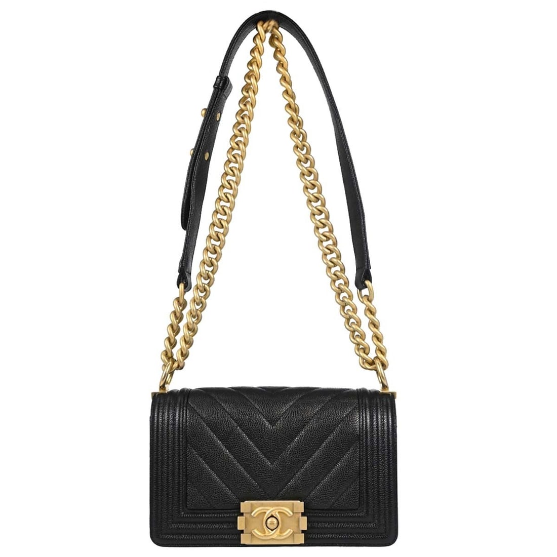 CHANEL Boy Chanel Mini Shoulder Bag Black Caviar Leather Chain Strap: CHANEL Boy Chanel Mini Shoulder Bag Black Caviar Leather Chain Strap Boy Chanel small chain shoulder bag in black caviar skin leather with a clasp flap closure, fabric lining, and an interior pocket. 