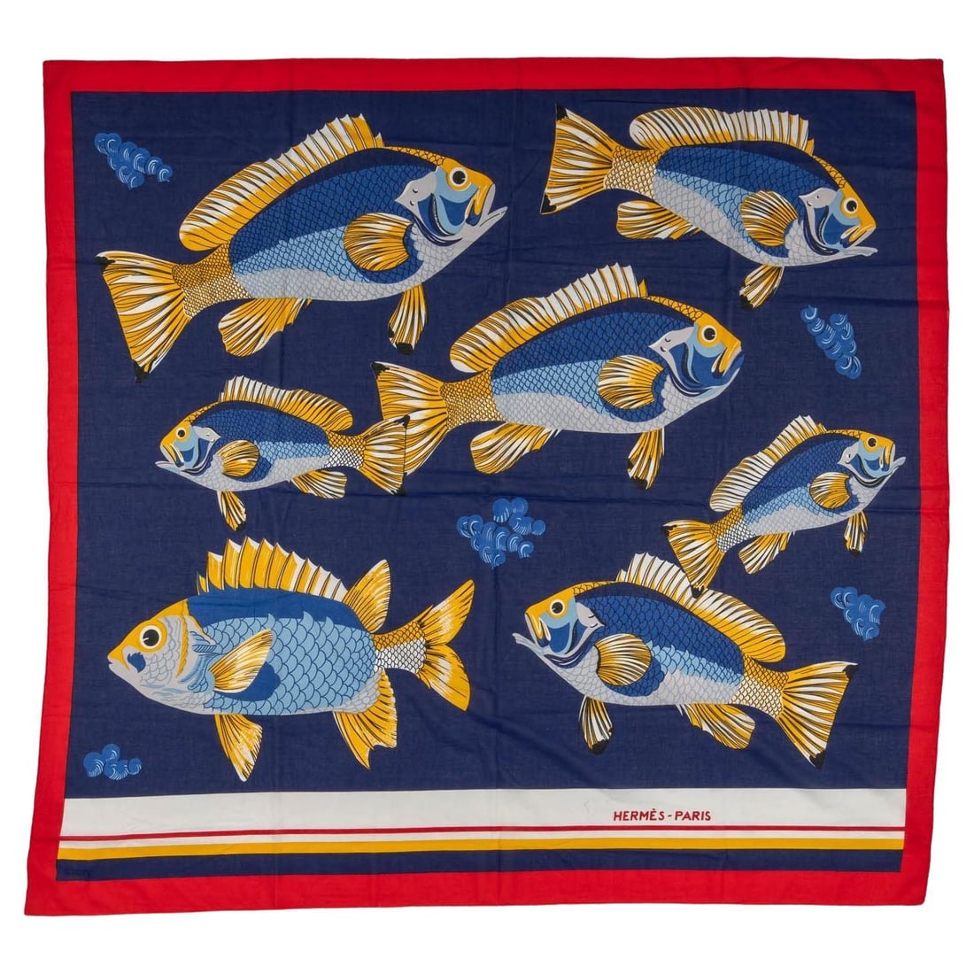 Hermes Vintage Blue Red Fish Cotton Sarong 48 in Brazil: Hermes Vintage Blue Red Fish Cotton Sarong 48 in Brazil This exquisite Hermes vintage cotton sarong features a vibrant blue and red fish design, perfect for adding a splash of color to your beachwear 