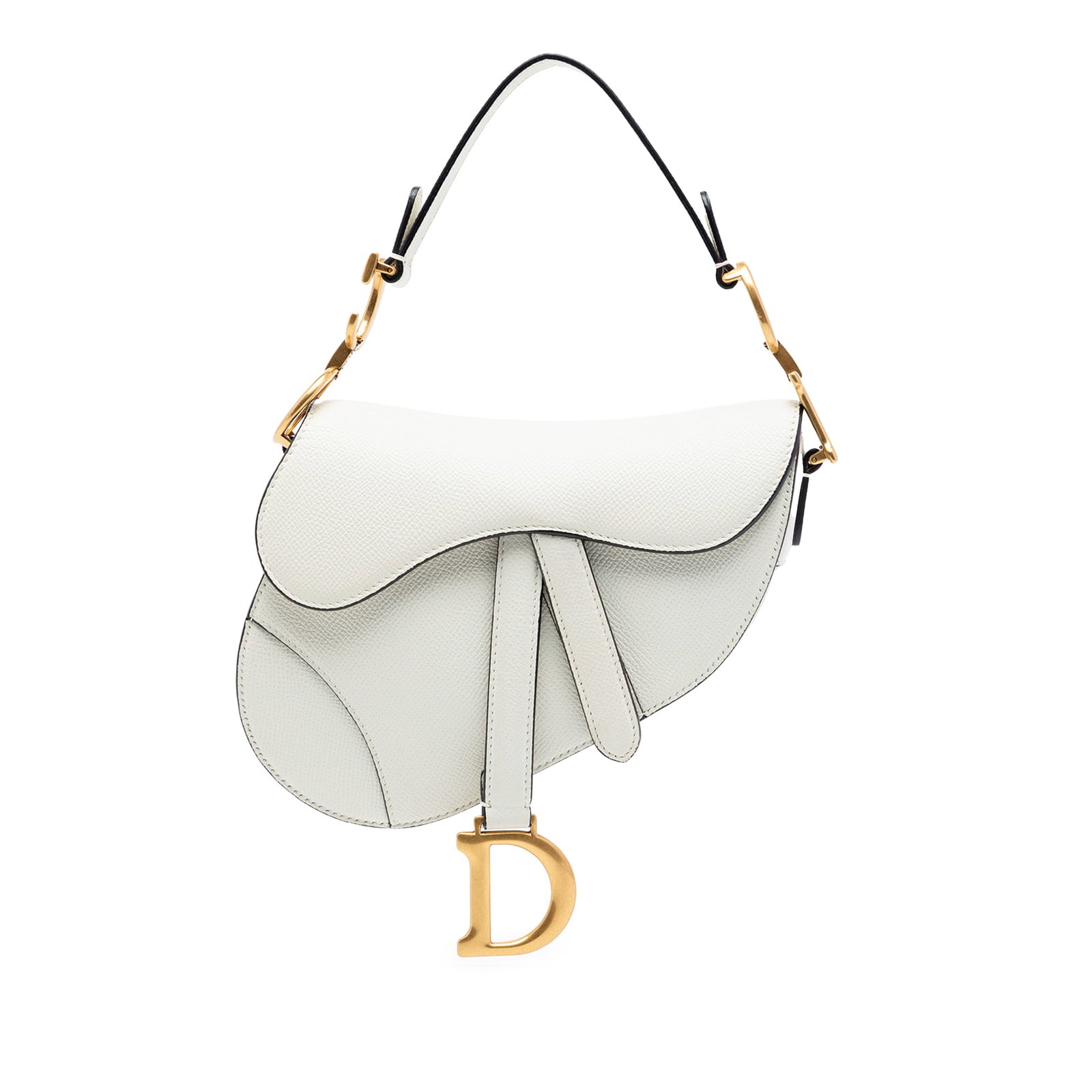 Dior Saddle Bag Mini White Grained Calfskin Leather: Dior Saddle Bag Mini White Grained Calfskin Leather Dior mini Saddle bag crafted in grained calfskin leather with a structured silhouette and signature flap-front design. It features a flat leather ha