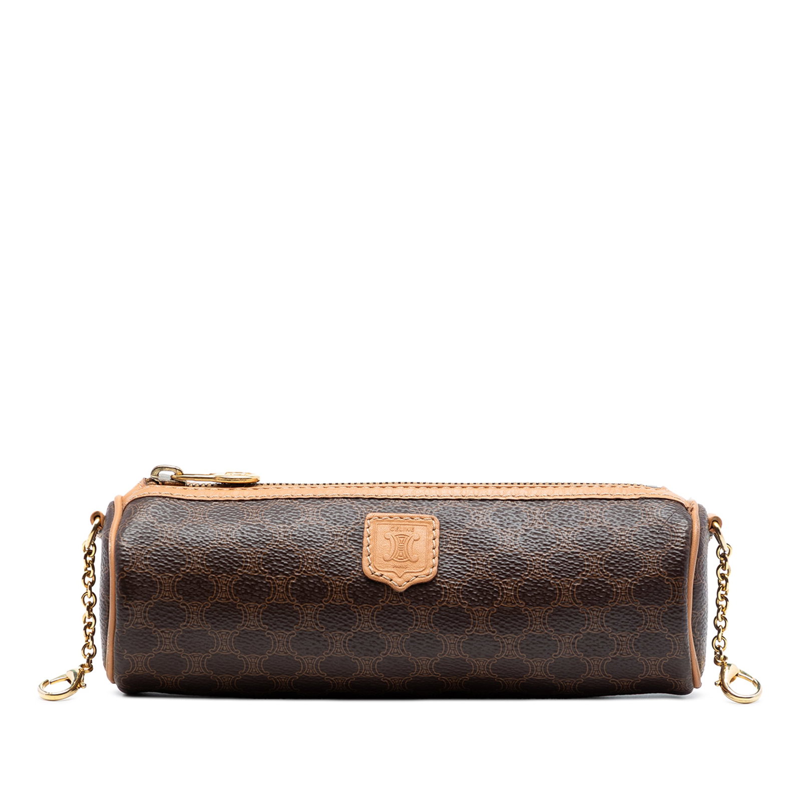 Celine Macadam Brown Coated Canvas Crossbody Bag: Celine Macadam Brown Coated Canvas Crossbody Bag Celine Macadam coated canvas crossbody bag with leather trim and a top zip closure. Made in Italy, this brown bag shows condition notes including wear 