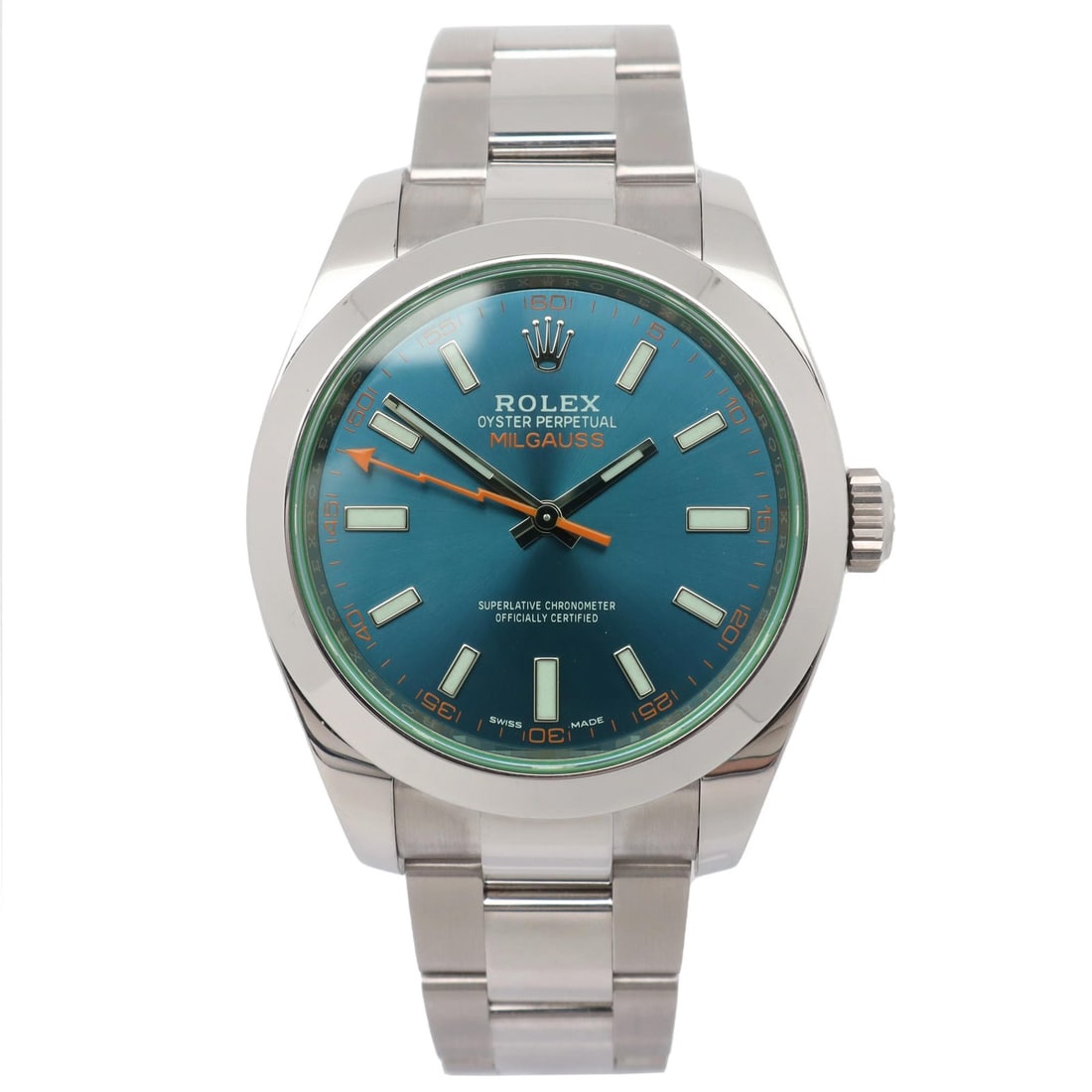 Rolex Milgauss 116400GV Blue Dial 40mm Automatic Steel Watch: Rolex Milgauss 116400GV Blue Dial 40mm Automatic Steel Watch This Rolex Milgauss 116400GV is a luxury men's wristwatch featuring a 40 mm polished stainless steel case and a sunburst blue analog dial w