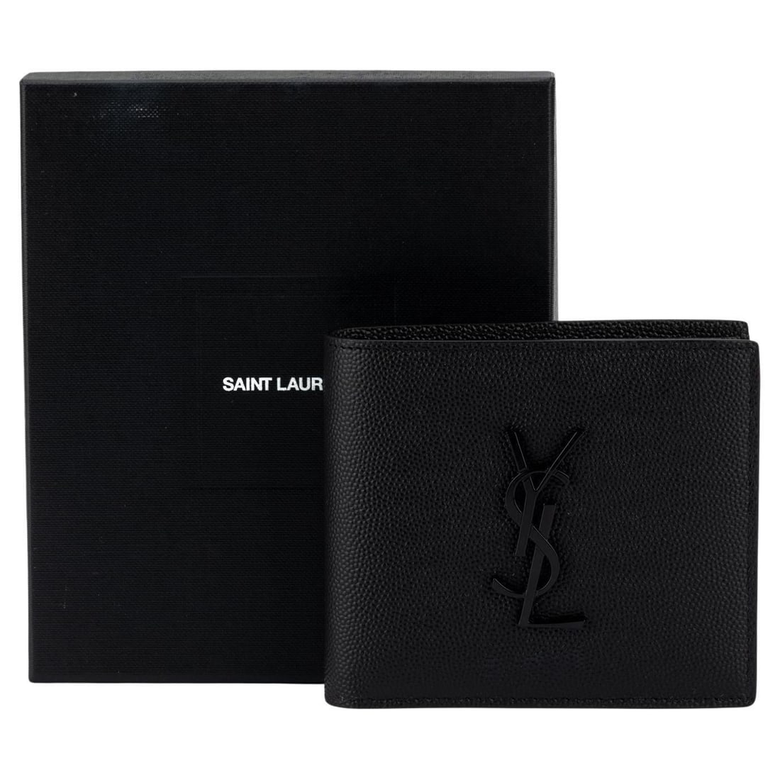 Yves Saint Laurent So Black Pebbled Leather Bifold Wallet with Box: Yves Saint Laurent So Black Pebbled Leather Bifold Wallet with Box This Yves Saint Laurent bifold wallet is crafted from black pebbled leather and features a matching black front logo for a sleek, mon