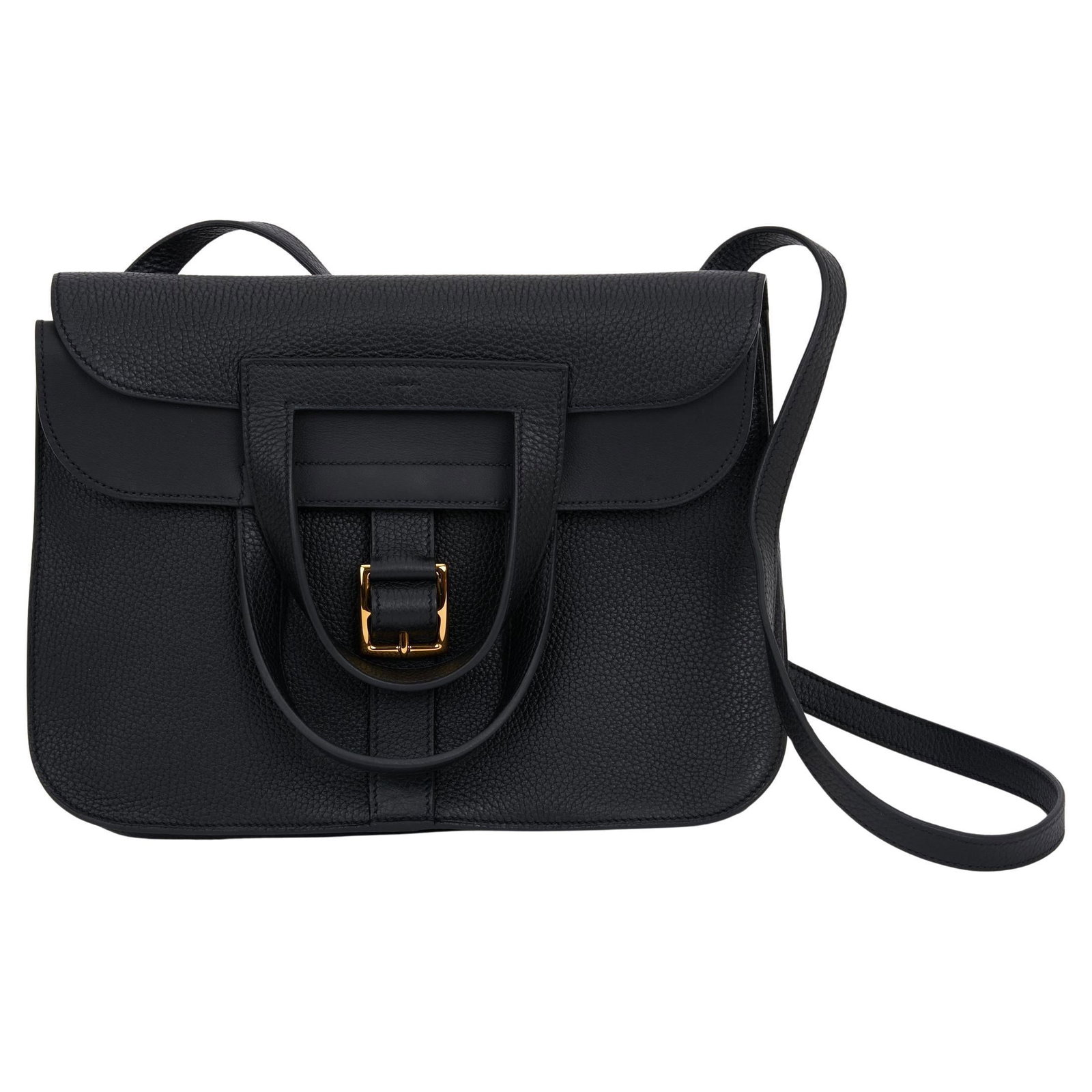 Hermes Halzan 31 Caban Black Taurillon Clemence Leather Handbag: Hermes Halzan 31 Caban Black Taurillon Clemence Leather Handbag The Hermes Halzan 31 Caban is a sophisticated handbag crafted from luxurious black Taurillon Clemence leather. It features an optional, 