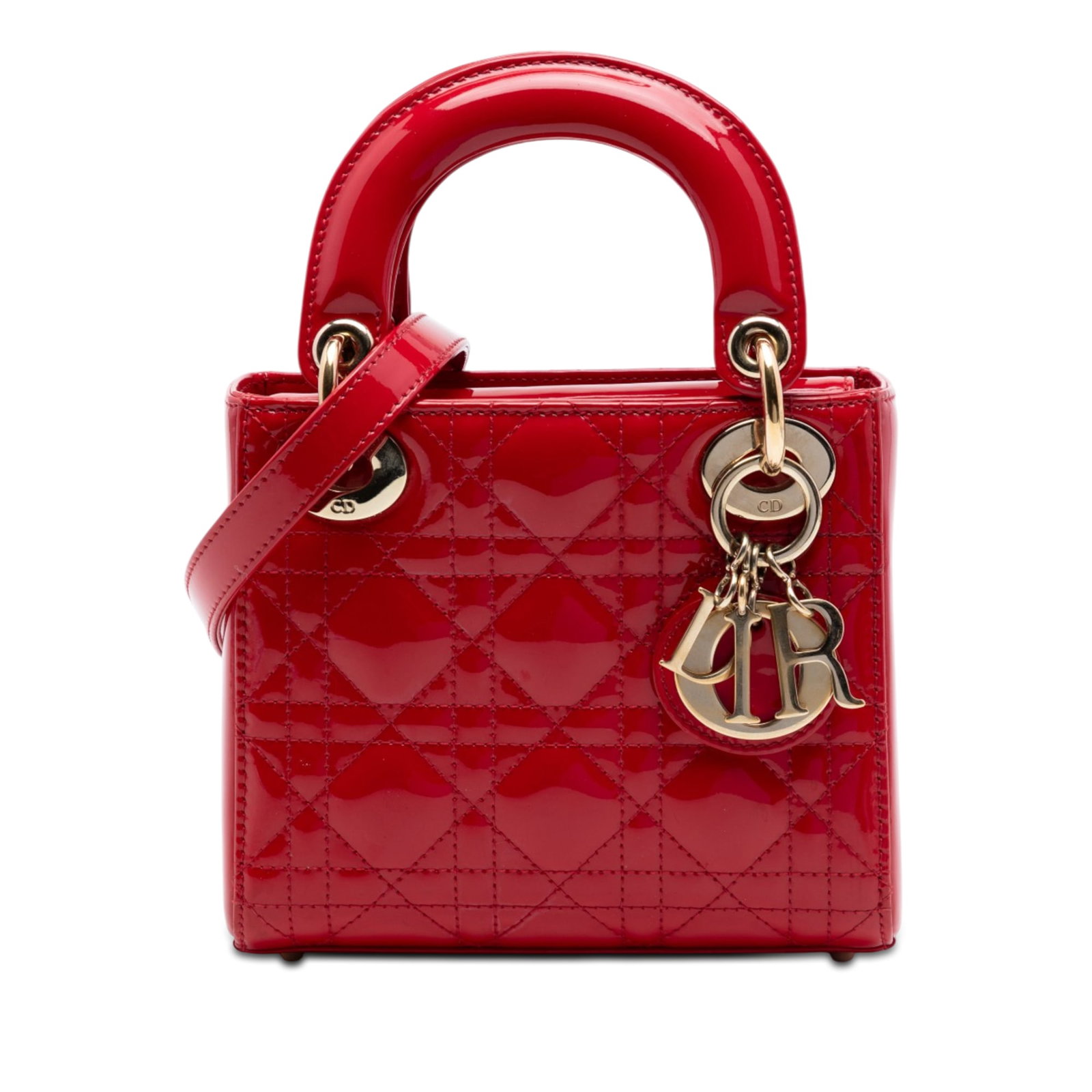 Dior Lady Dior Mini Red Patent Leather Cannage Bag: Dior Lady Dior Mini Red Patent Leather Cannage Bag Mini Lady Dior handbag in red quilted patent leather with Cannage detailing. It features flat top handles, a detachable flat leather strap, a fold-in