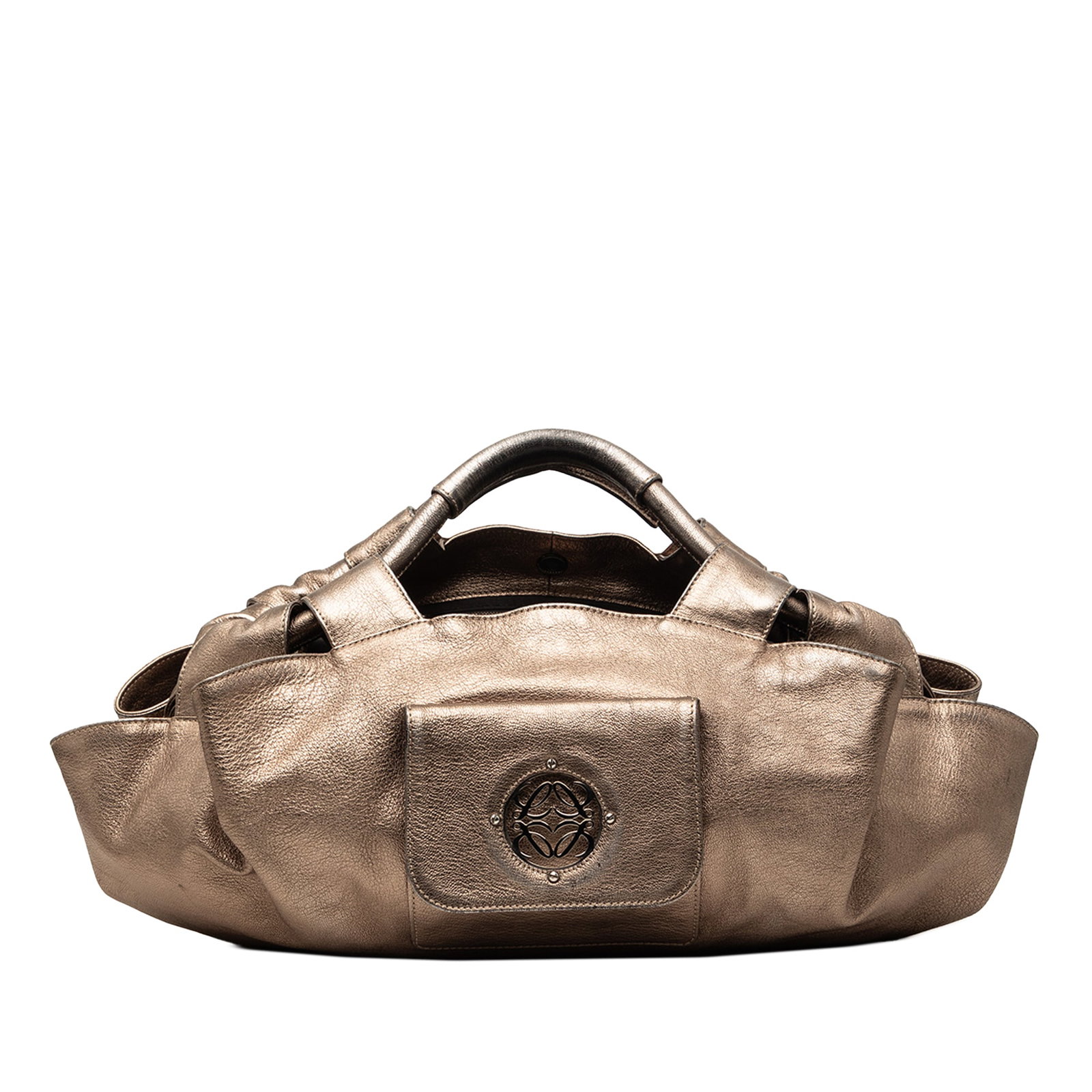 LOEWE Aire Anagram Metallic Nappa Leather Handbag: LOEWE Aire Anagram Metallic Nappa Leather Handbag This LOEWE Metallic Nappa Anagram Aire bag is crafted in brown leather and features rolled leather handles, an open top with a magnetic snap closure, 