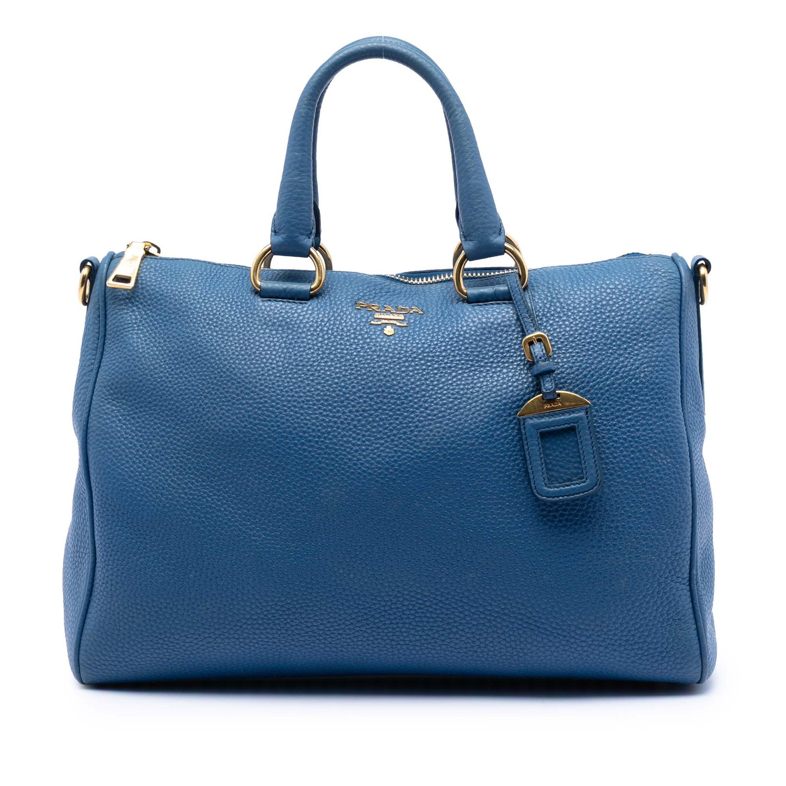 Blue Prada Vitello Daino Leather Satchel with Zip Top Closure: Blue Prada Vitello Daino Leather Satchel with Zip Top Closure This Prada Vitello Daino Zip Top Satchel is crafted from blue leather and features rolled leather handles, a top zip closure, and interior