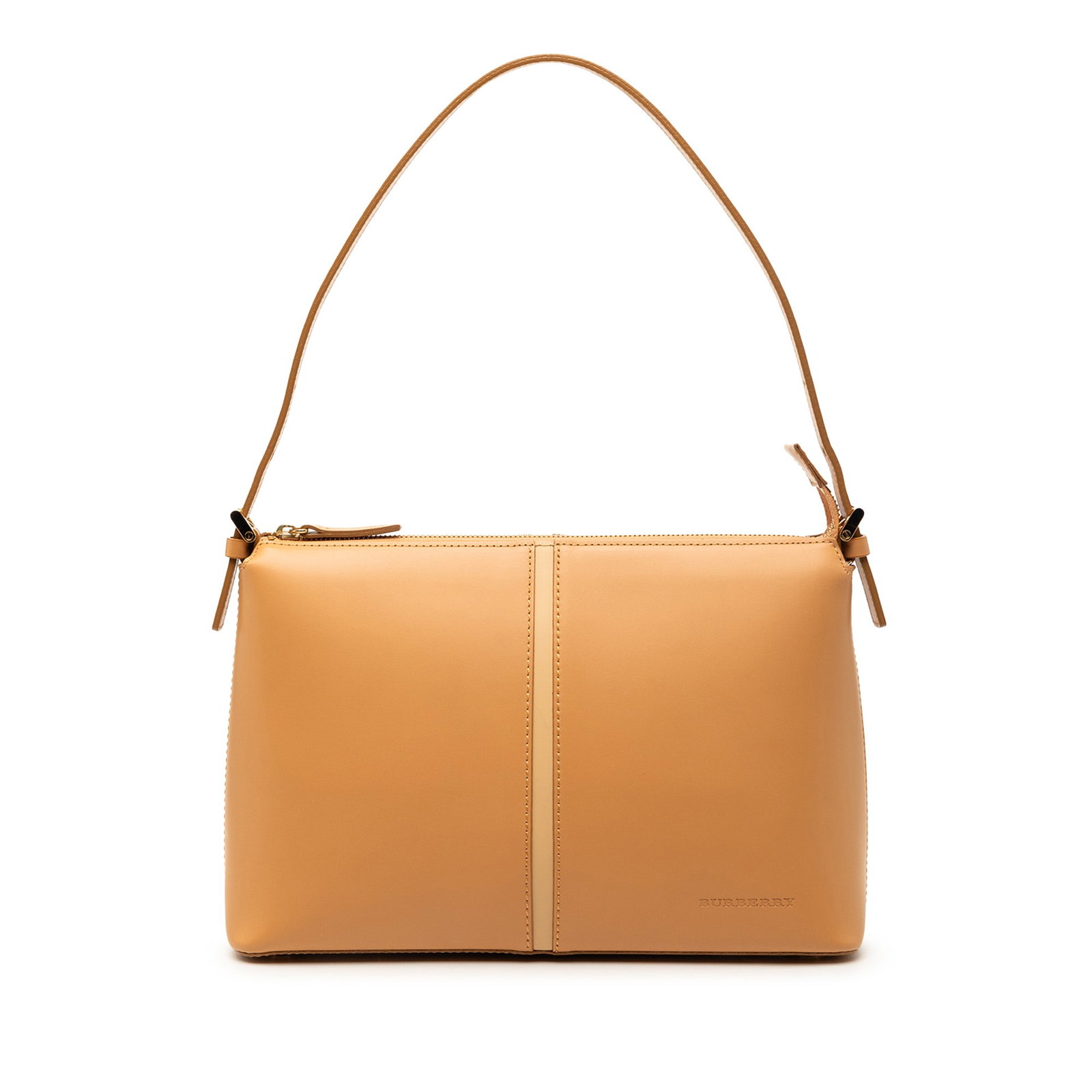 Burberry brown leather zip shoulder bag: Burberry brown leather zip shoulder bag This Burberry leather shoulder bag showcases a classic design with a brown leather body, flat leather strap, and a top zip closure. The interior is equipped wit