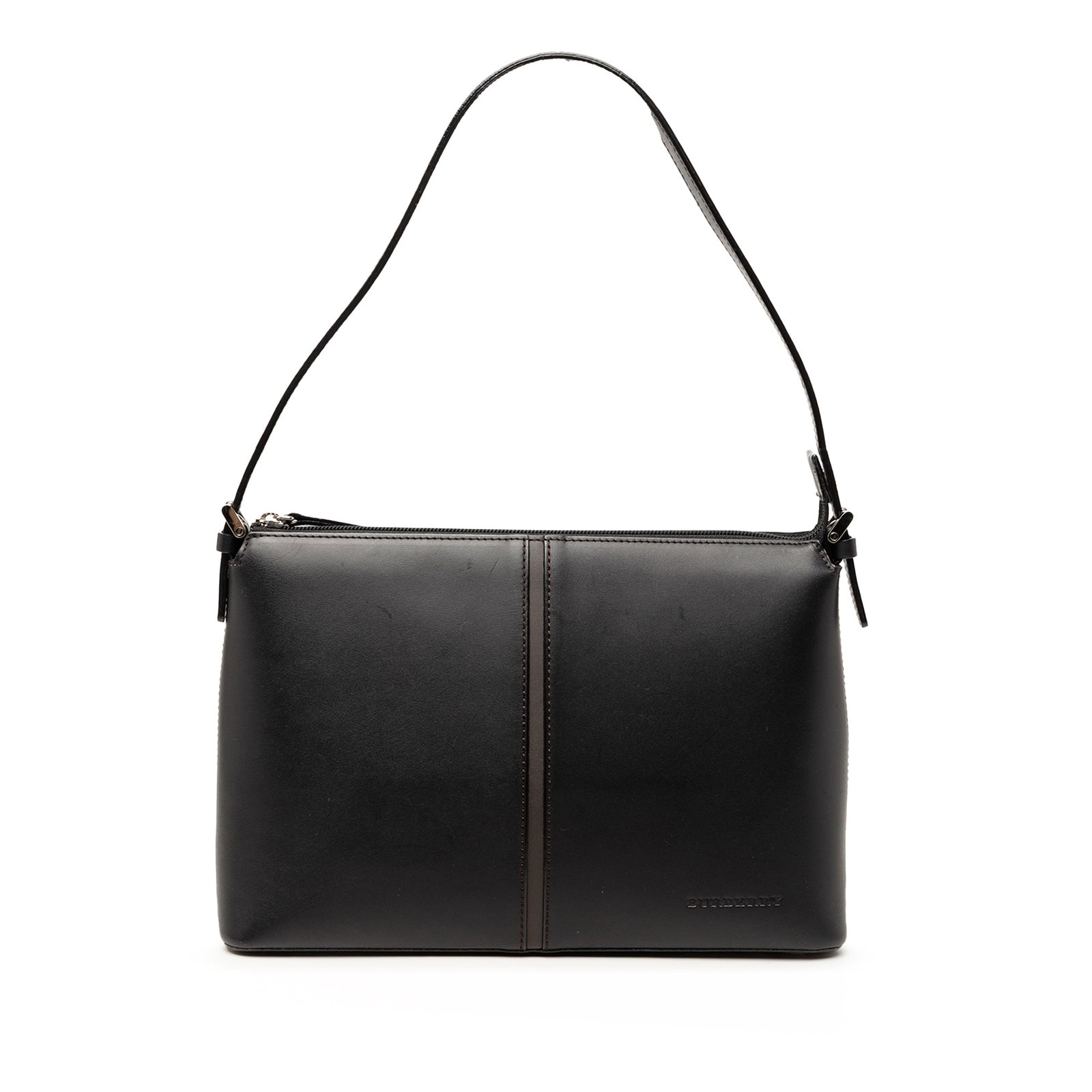 Black Leather Burberry Shoulder Bag with Zip Closure: Black Leather Burberry Shoulder Bag with Zip Closure This Burberry shoulder bag is crafted from black leather and features a flat leather strap, a top zip closure, and both interior zip and slip pocke