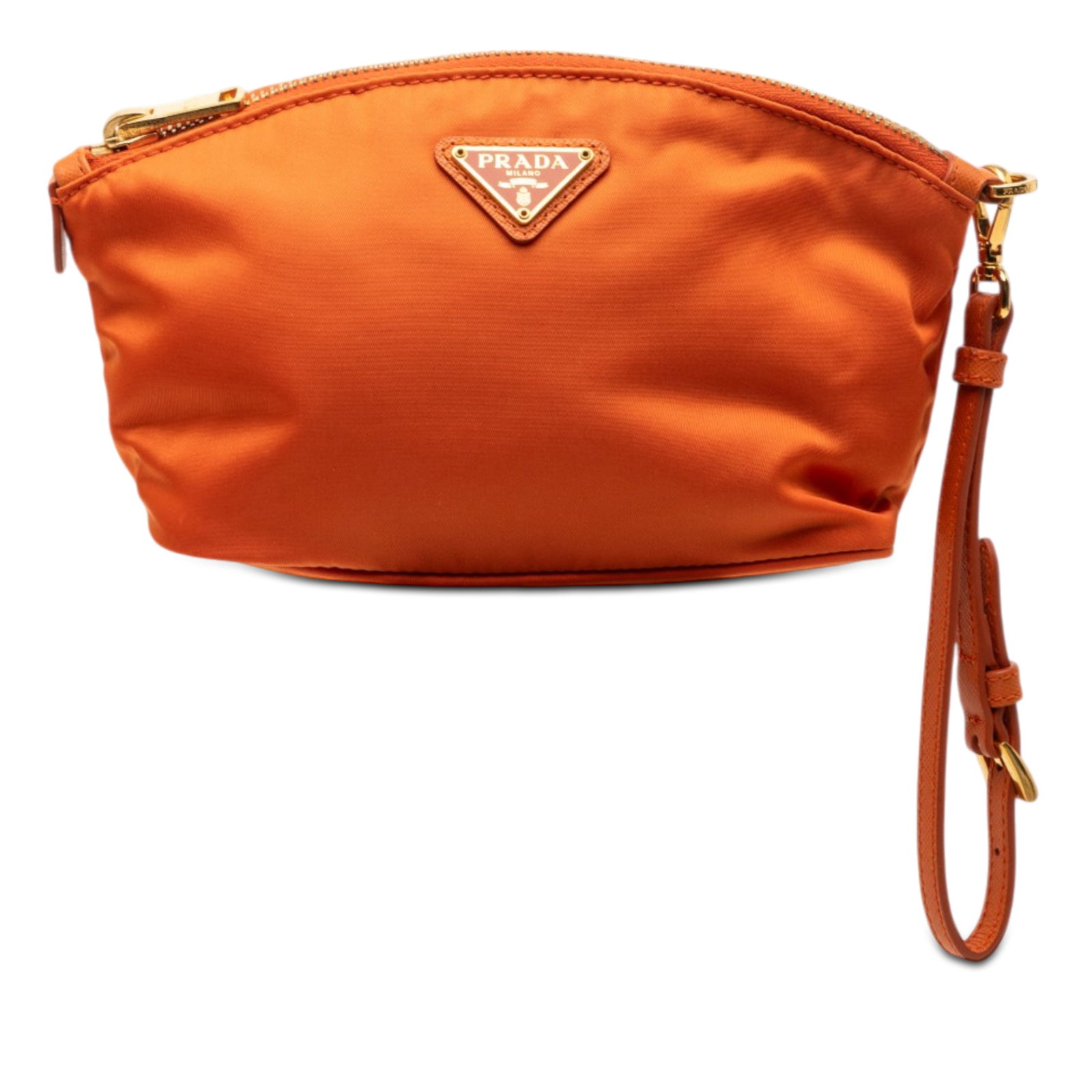 Prada orange nylon wristlet pouch Tessuto: Prada orange nylon wristlet pouch Tessuto This Prada Tessuto Pouch is crafted from durable orange nylon fabric and features a flat wrist strap, a top zip closure, and an interior zip pocket for added 