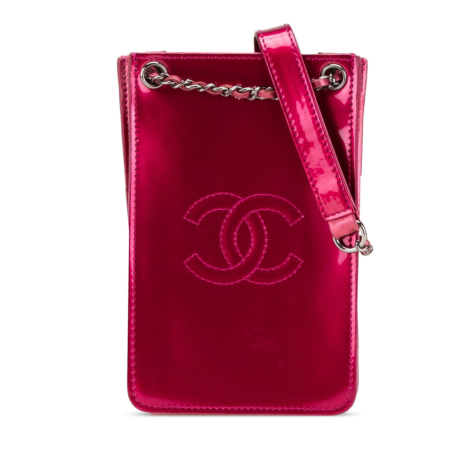 Chanel CC Patent Leather Crossbody Phone Holder in Pink: Chanel CC Patent Leather Crossbody Phone Holder in Pink Introducing the Chanel CC Patent Phone Holder Crossbody, a stylish and practical accessory for your essentials. This crossbody bag is crafted fr