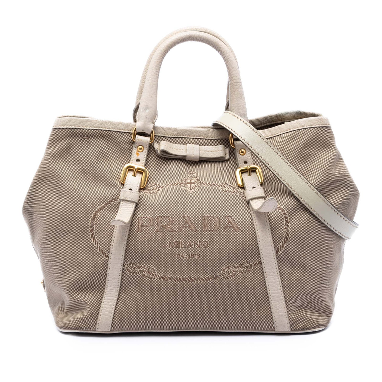 Prada Canapa Logo Fabric Satchel with Leather Trim: Prada Canapa Logo Fabric Satchel with Leather Trim This Prada Canvas Canapa Logo Satchel features a durable canvas body with leather trim, rolled leather handles, and a detachable flat leather strap f