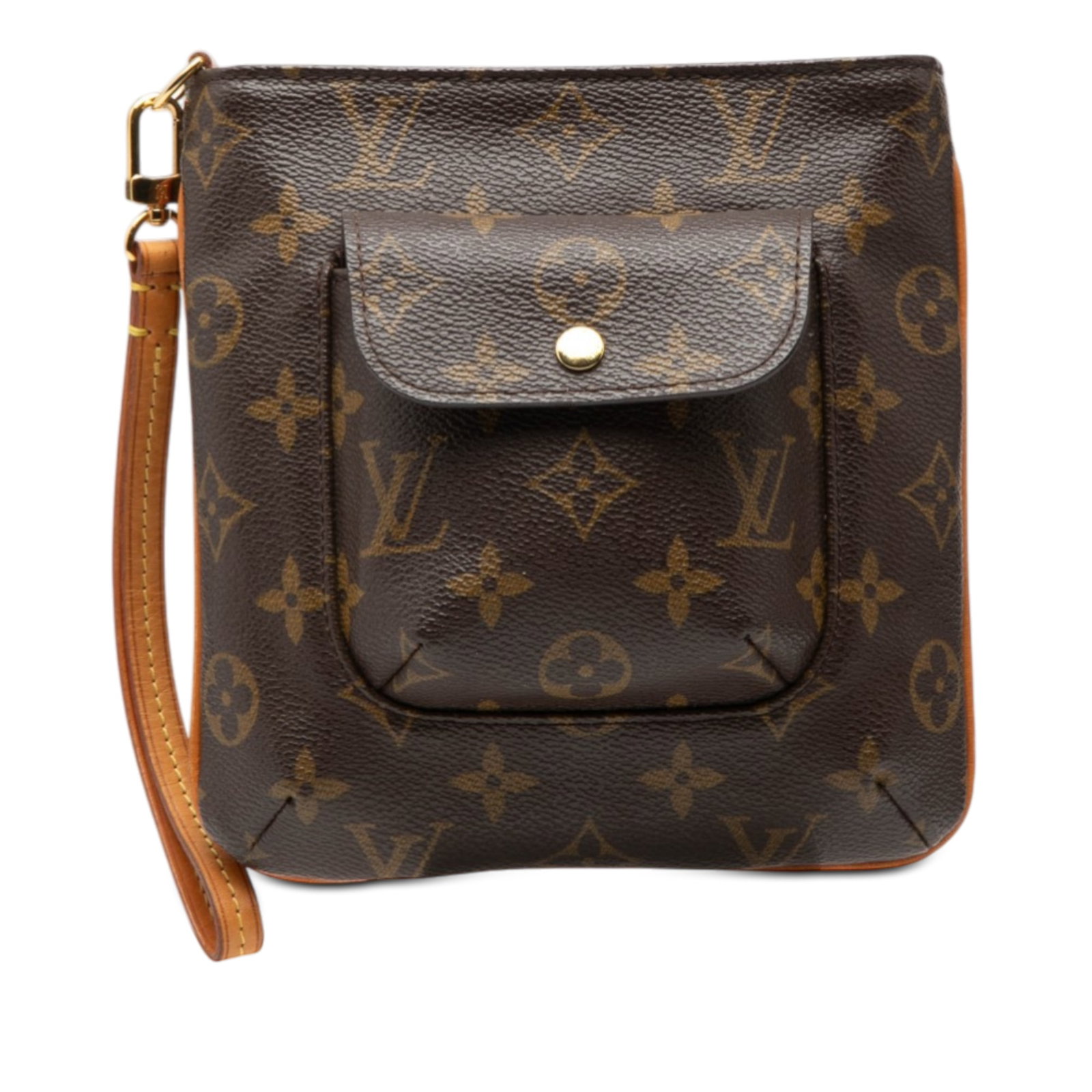 Monogram Partition brown clutch with vachetta leather strap by Louis Vuitton: Monogram Partition brown clutch with vachetta leather strap by Louis Vuitton This Louis Vuitton Monogram Partition clutch features the iconic monogram canvas, a detachable flat vachetta leather wrist 