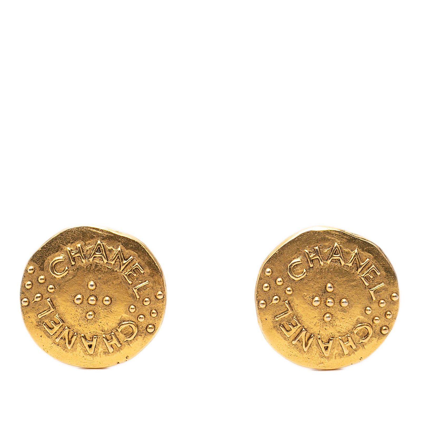 Chanel round logo clip earrings gold plated: Chanel round logo clip earrings gold plated Round Chanel clip-on earrings with a gold-plated logo design. This costume jewelry pair is made in France and features clip-on closures. Condition is B+ wit