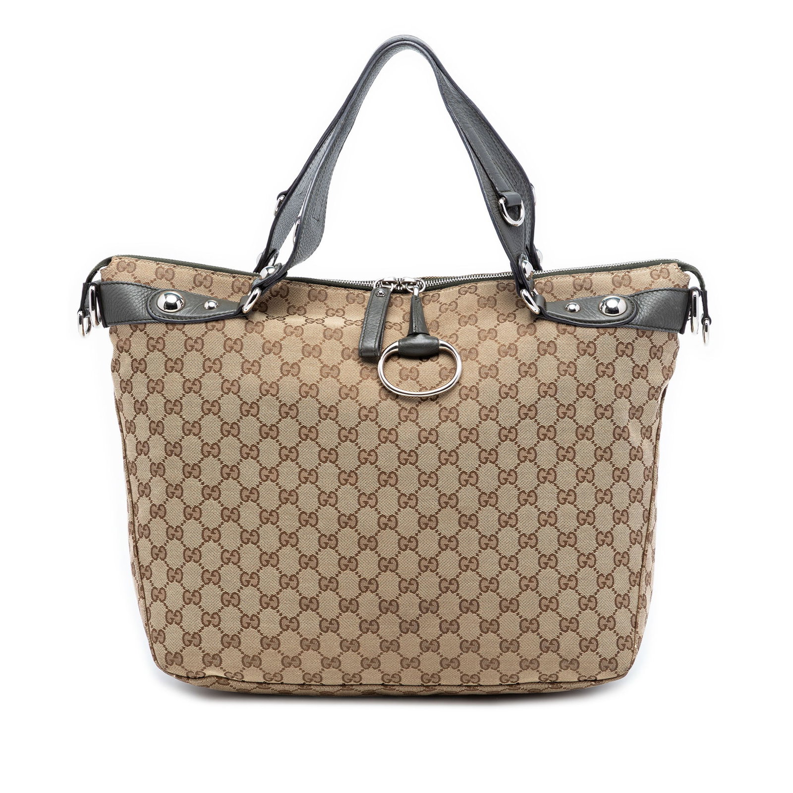 Gucci Beige GG Canvas Icon Bit Satchel with Leather Trim: Gucci Beige GG Canvas Icon Bit Satchel with Leather Trim This Gucci Large GG Canvas Icon Bit Satchel features a durable canvas body accented with leather trim, flat leather handles, a top zip closure,