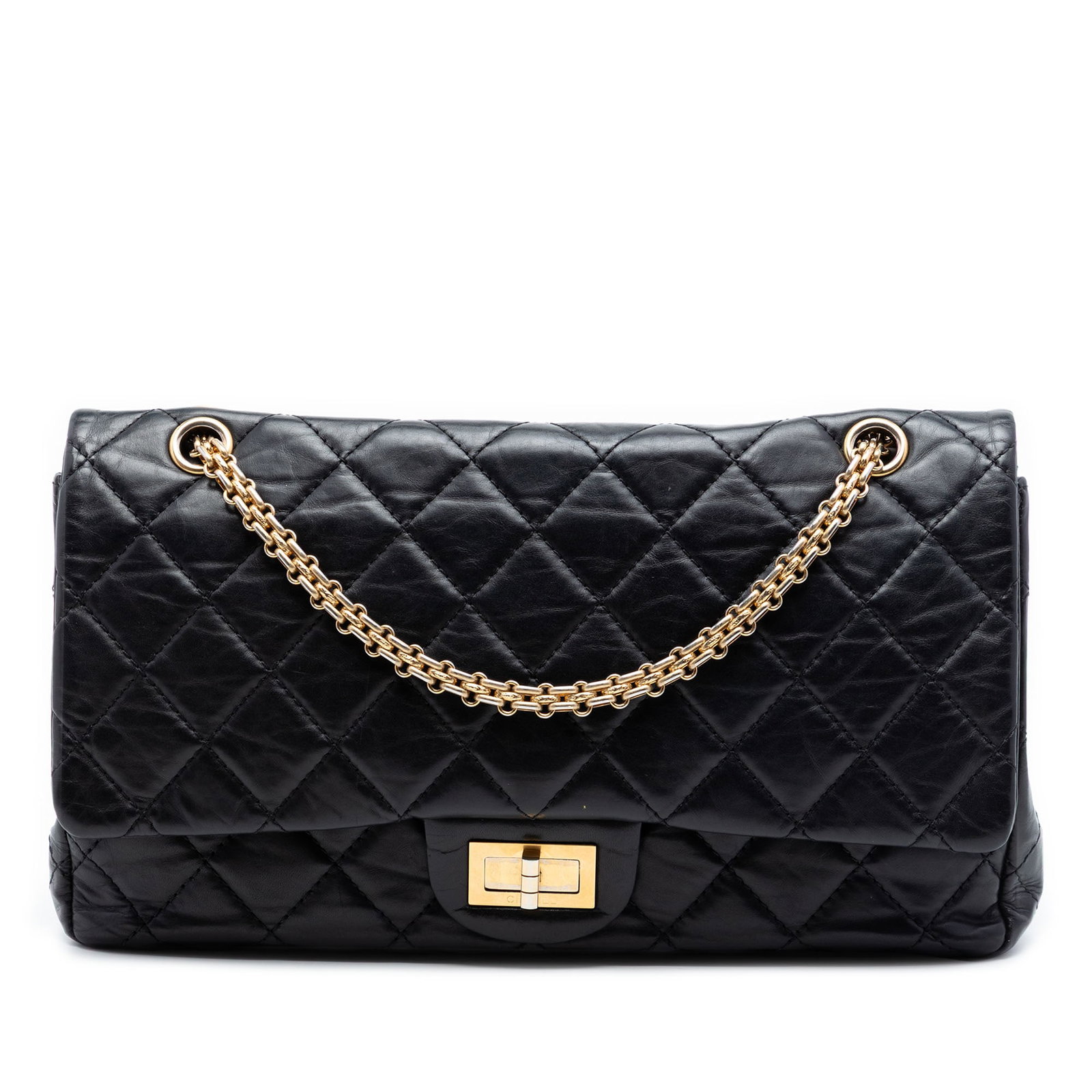 Chanel Reissue 2.55 227 Quilted Aged Calfskin Shoulder Bag: Chanel Reissue 2.55 227 Quilted Aged Calfskin Shoulder Bag Chanel Reissue 2.55 Double Flap 227 shoulder bag in black quilted aged calfskin leather. This bag features gold-tone chain shoulder straps, d