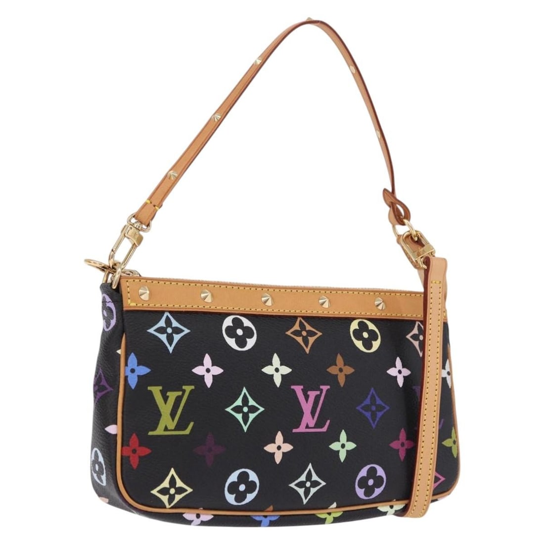 Louis Vuitton M92648 Monogram Multicolor Black Pochette Pouch with Strap: Louis Vuitton M92648 Monogram Multicolor Black Pochette Pouch with Strap A Louis Vuitton Pochette Accessoires pouch in black Monogram Multicolor canvas. It comes with a dust bag, item box, and shoulde