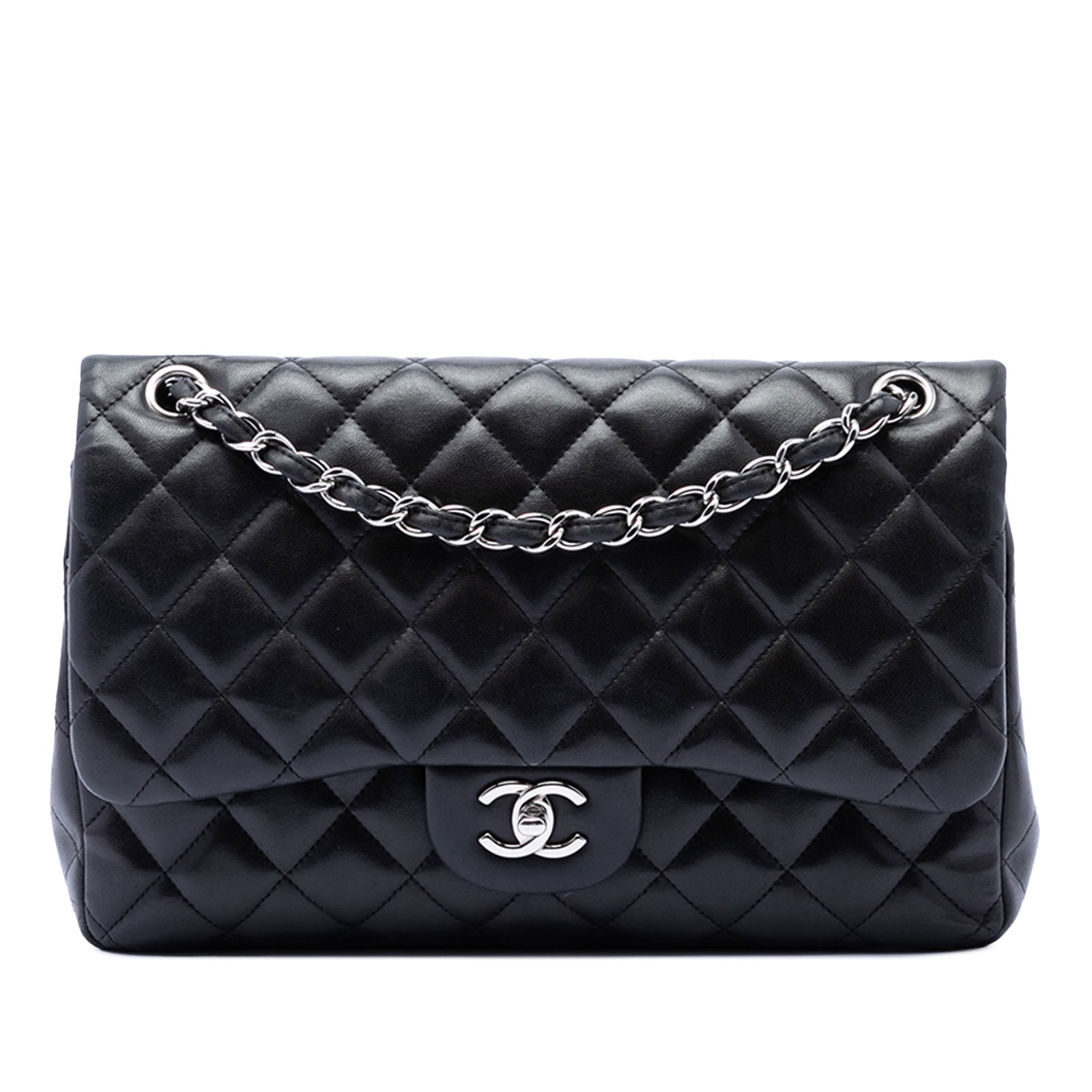 Chanel Black Lambskin Jumbo Classic Double Flap Shoulder Bag: Chanel Black Lambskin Jumbo Classic Double Flap Shoulder Bag This Chanel Jumbo Classic Lambskin Double Flap shoulder bag is crafted from quilted lambskin leather in black and features an exterior back