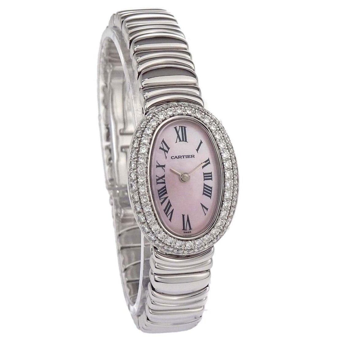 Cartier Ref.2369 Mini Baignoire 18KWG Quartz Diamond Wristwatch: Cartier Ref.2369 Mini Baignoire 18KWG Quartz Diamond Wristwatch Cartier Mini Baignoire 18mm Ref. 2369 quartz wristwatch for women, featuring an analog display and a beige dial. The watch has a silver 