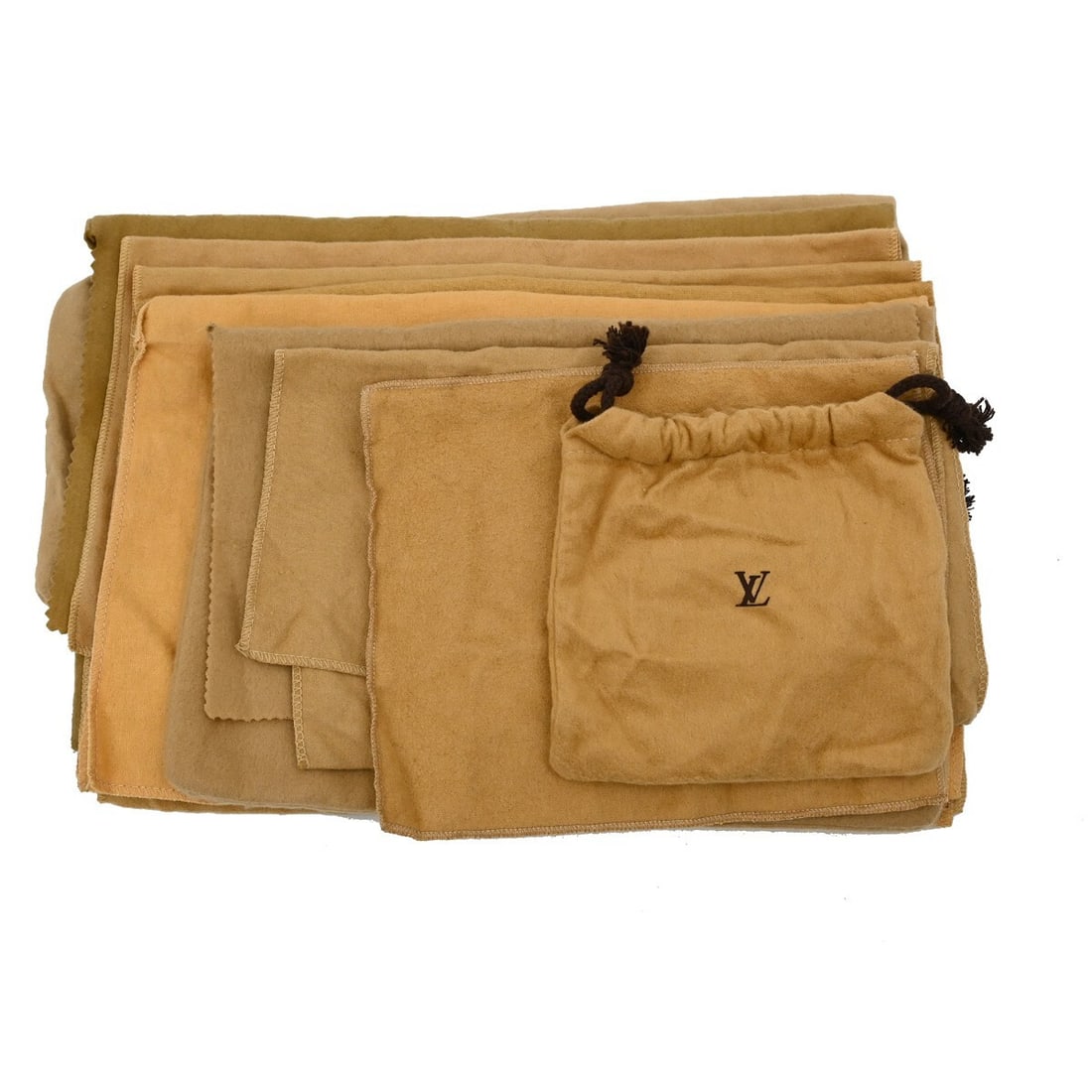 Set of 10 Louis Vuitton Authentic Cotton Dustbags Brown Beige: Set of 10 Louis Vuitton Authentic Cotton Dustbags Brown Beige Set of 10 authentic Louis Vuitton dust bags in brown and beige cotton. These unisex dust bags show overall signs of use with reasonable we