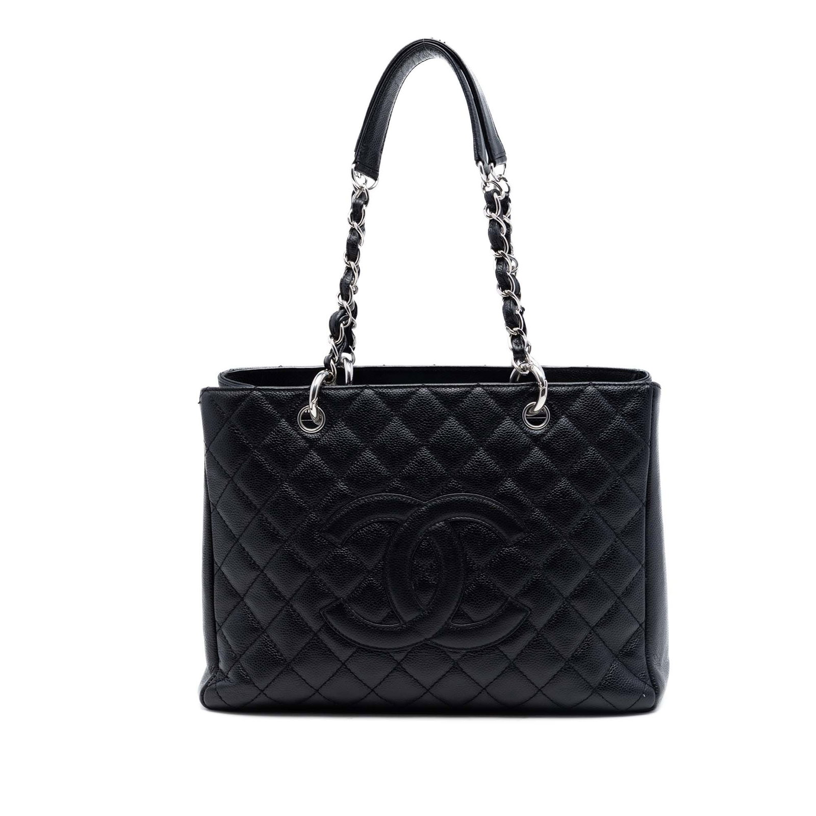 Chanel Grand Shopping Tote Black Caviar Leather Shoulder Bag: Chanel Grand Shopping Tote Black Caviar Leather Shoulder Bag This Chanel Grand Shopping Tote is crafted in quilted black Caviar leather with leather-woven chain shoulder straps and an open-top design.