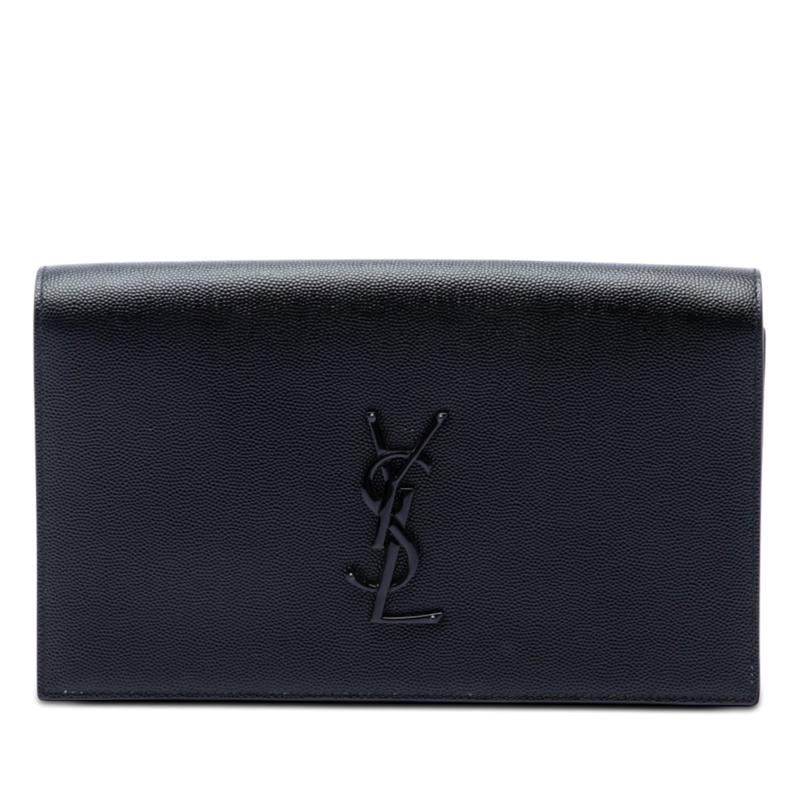 Saint Laurent Kate Monochrome Grain de Poudre Leather Clutch: Saint Laurent Kate Monochrome Grain de Poudre Leather Clutch Saint Laurent Monogram Kate clutch bag in black leather, made in Italy. It features a front flap with magnetic closure and an interior slip